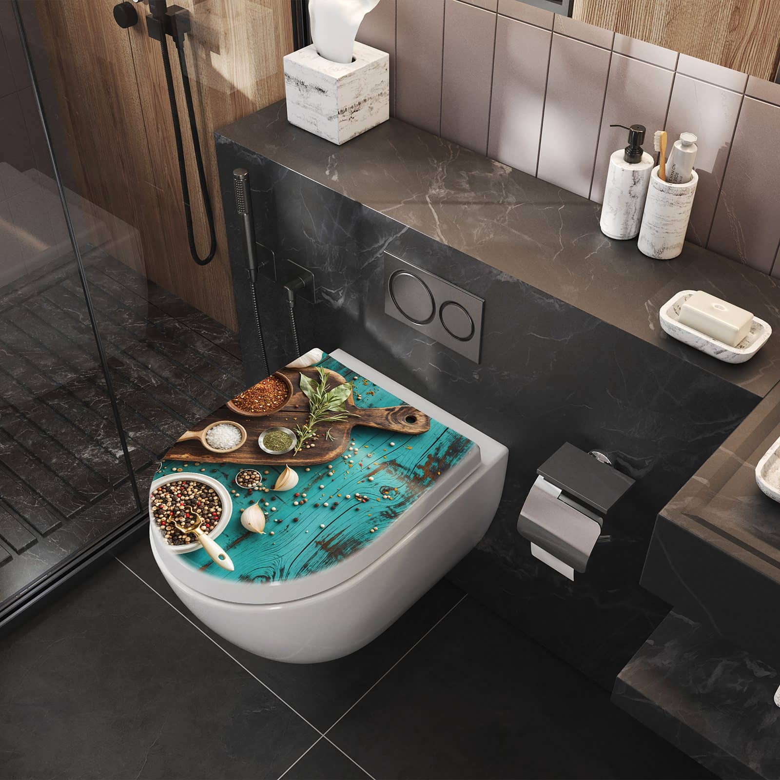 WC-Sitz mit Absenkautomatik Küchenzutaten Holztisch