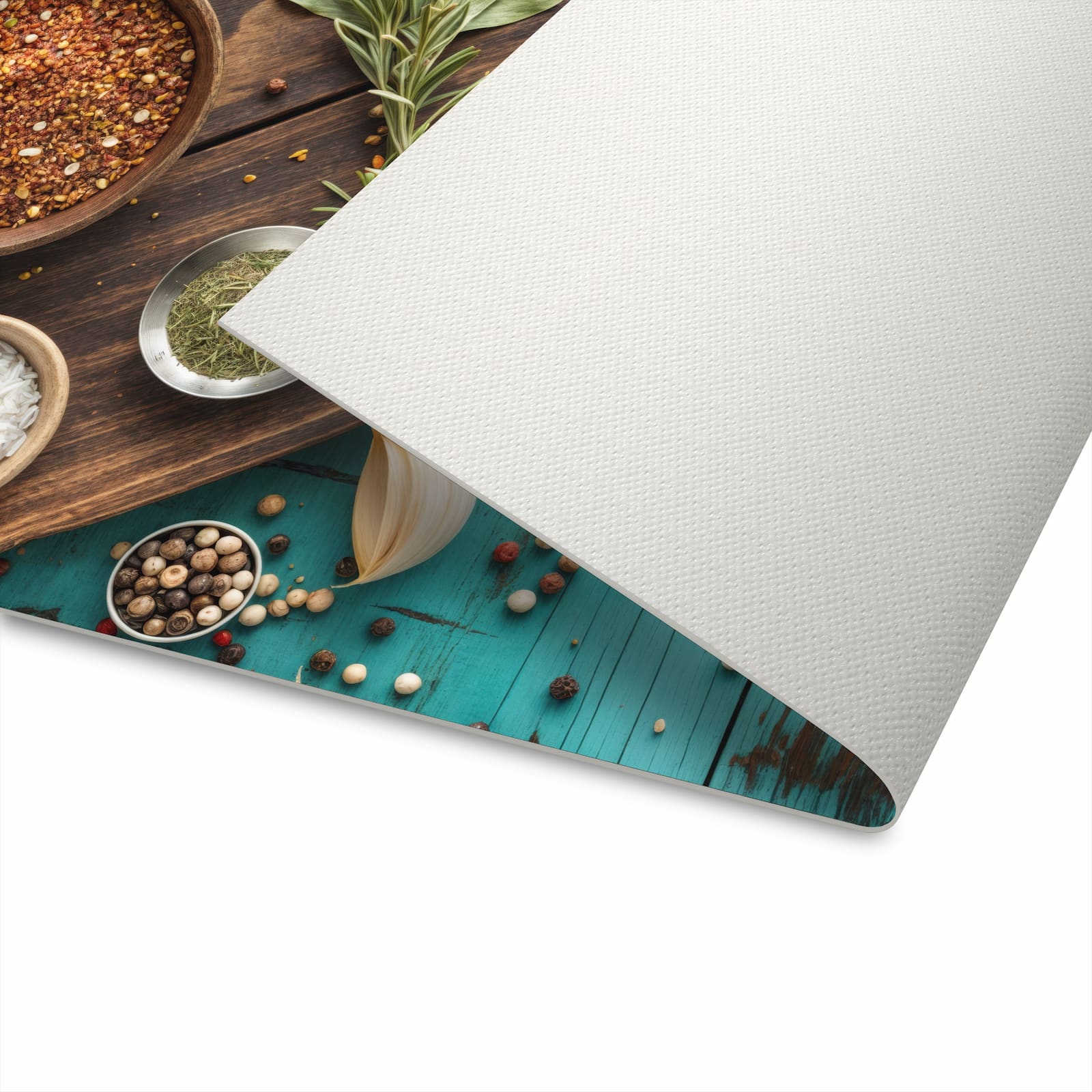 Waschbarer Küchenteppich mit Motiv Küchenzutaten Holztisch in der Unterseite