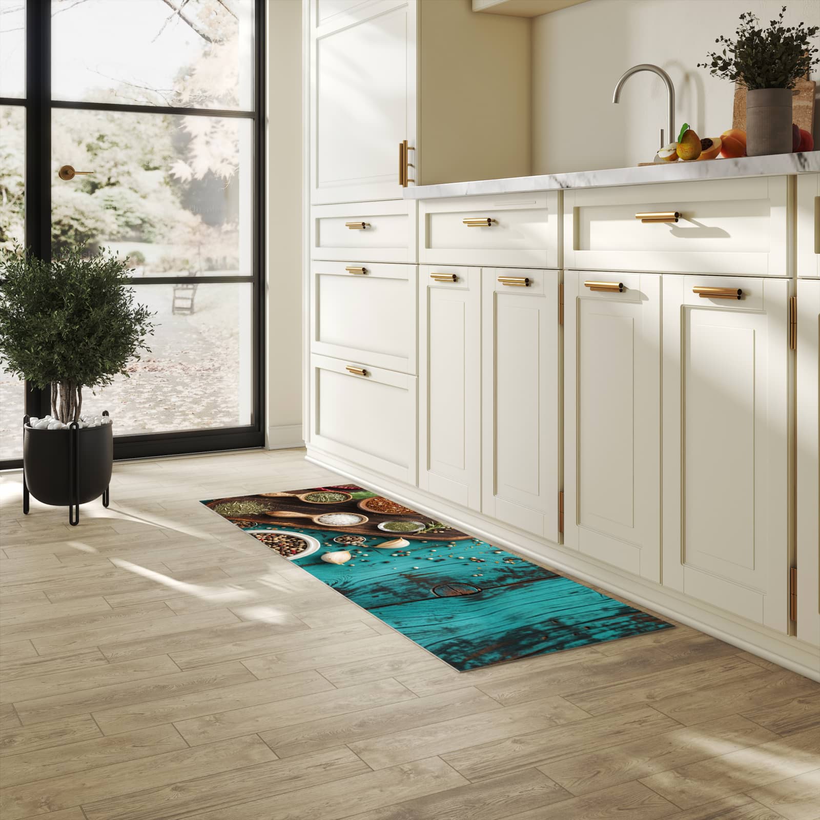 Flacher Küchenläufer nach Maß mit Motiv Küchenzutaten Holztisch in heller Küche