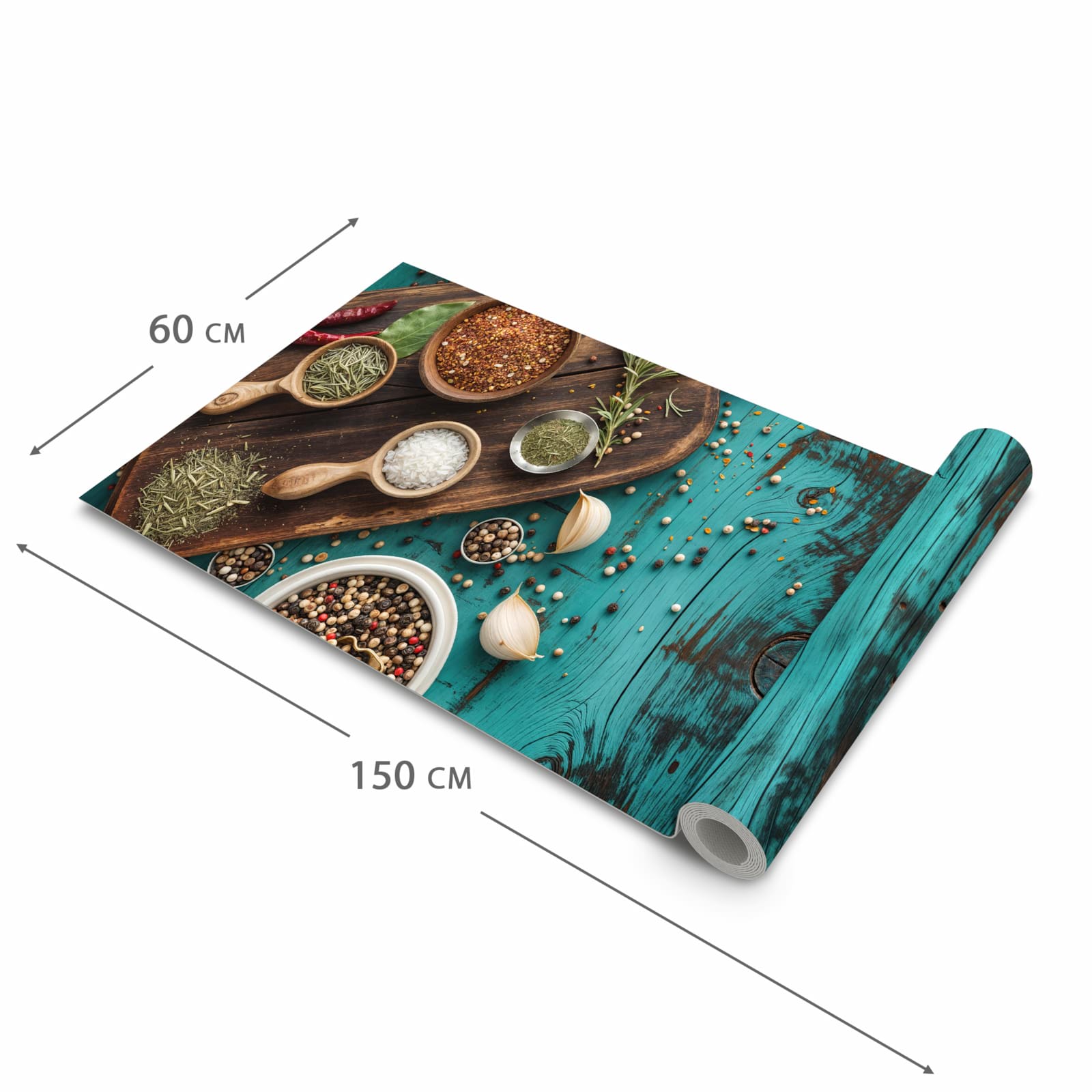 Langlebiger Läufer Eingangsbereich mit Motiv Küchenzutaten Holztisch in der Grösse 60x150 cm