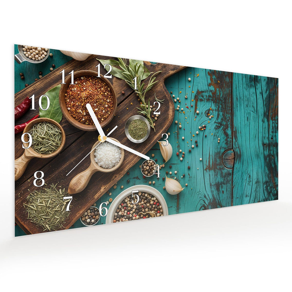 Vormontiert – mit Schwebeeffekt – Wanduhr Küchenzutaten Holztisch aus Glas – Querformat 60 × 30 cm