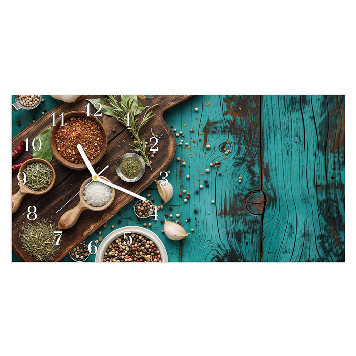 Wanduhr Küchenzutaten Holztisch aus Glas – Querformat 60 × 30 cm mit Ziffernblatt Klassisch