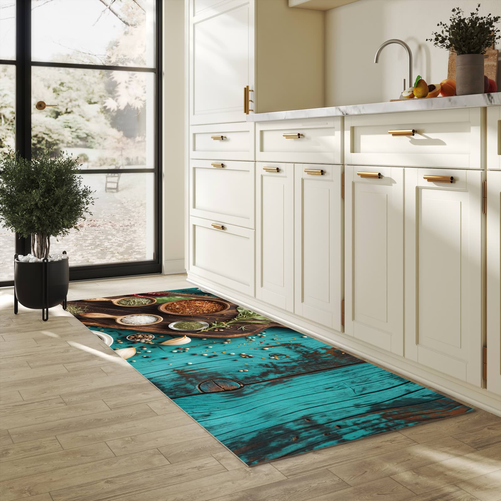 Rutschfester Küchenteppich mit Motiv Küchenzutaten Holztisch in heller Küche