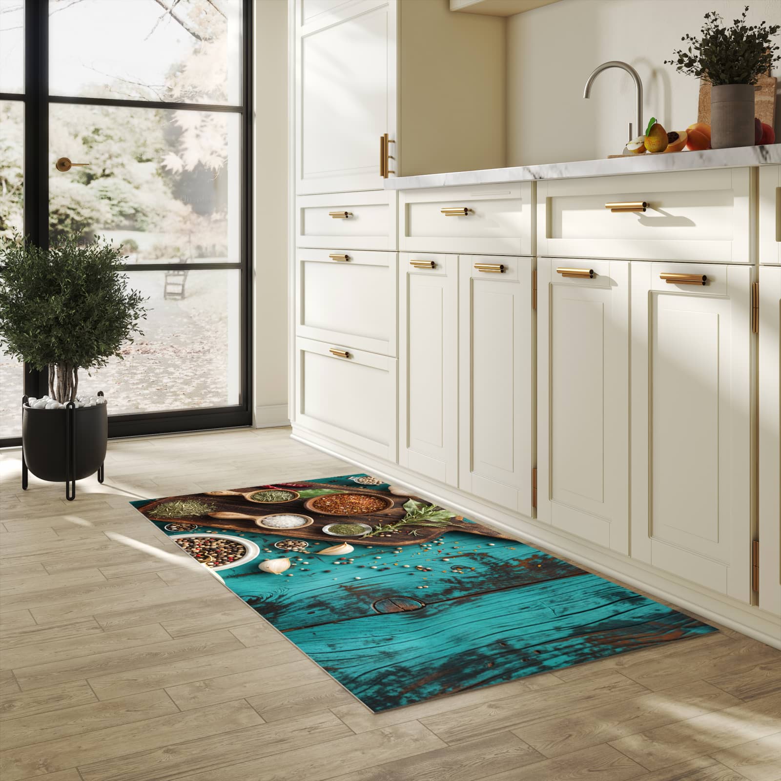 Langlebiger Teppich für die Küche mit Motiv Küchenzutaten Holztisch in heller Küche