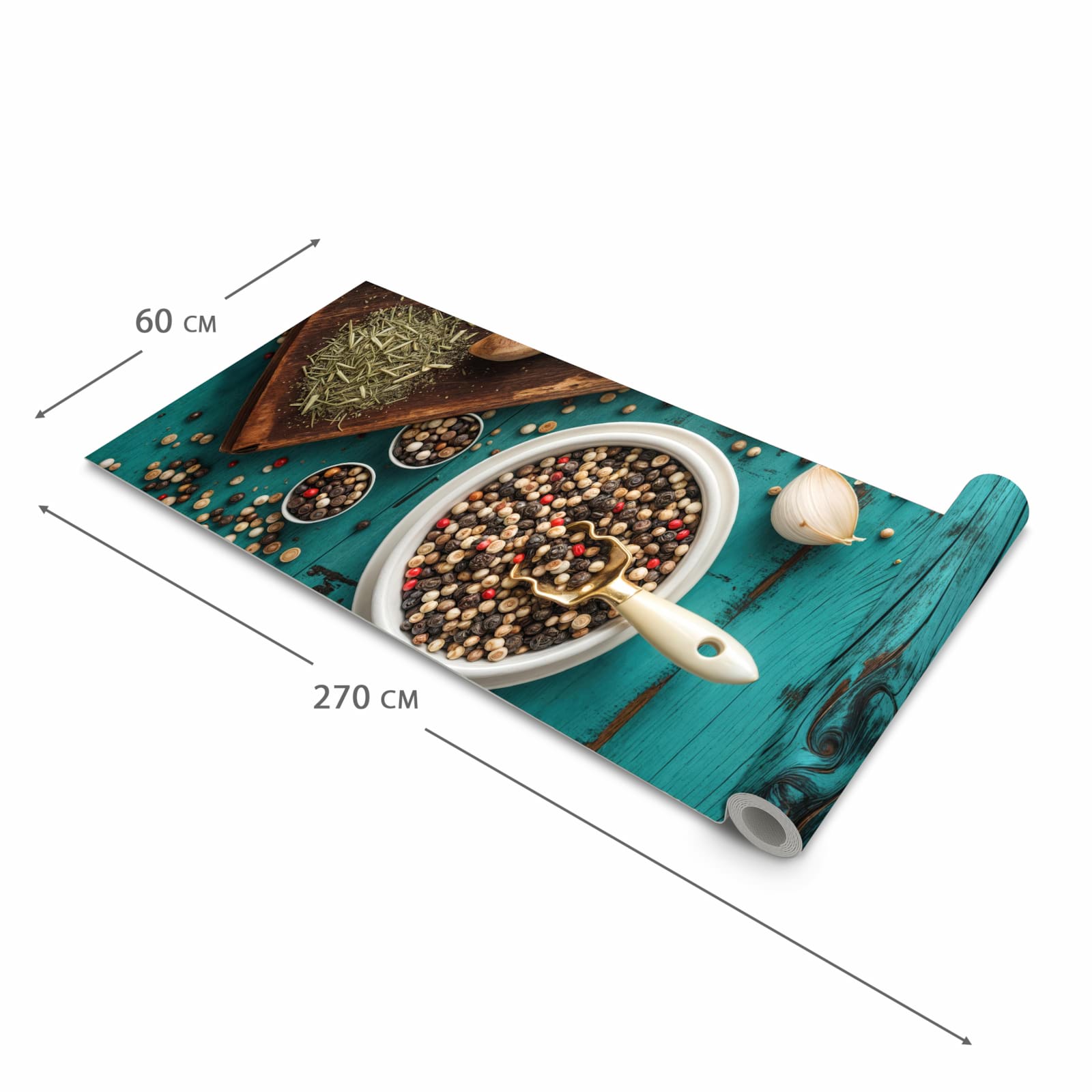 Bodenschonender rutschfester Küchenteppich mit Motiv Küchenzutaten Holztisch in der Grösse 60x150 cm