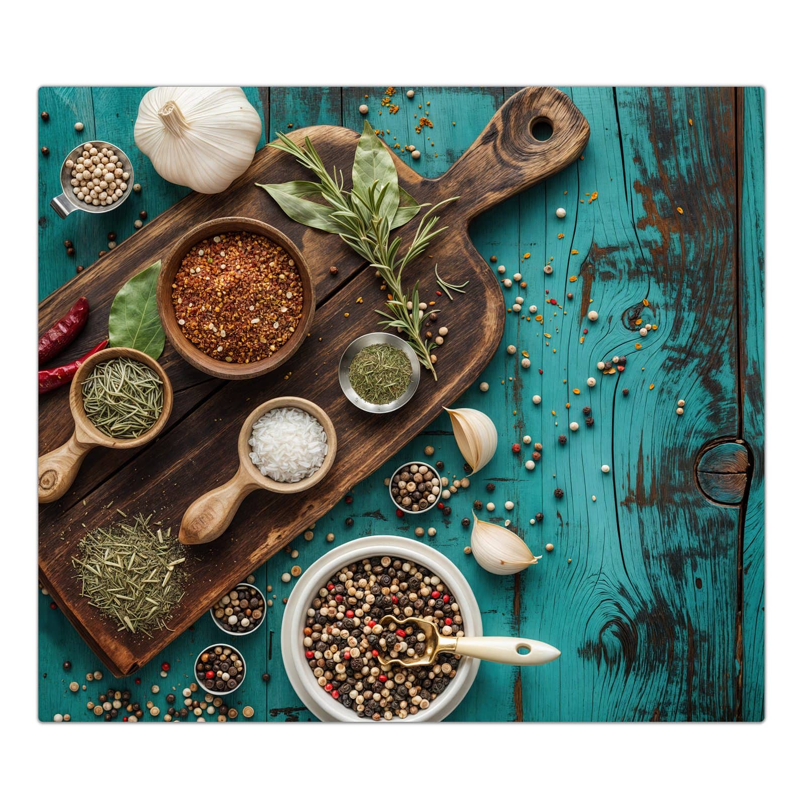 1-teilige Herdabdeckplatte aus Glas mit Küchenzutaten Holztisch-Motiv in der Frontansicht #grösse_1-Teilig (60x52cm)