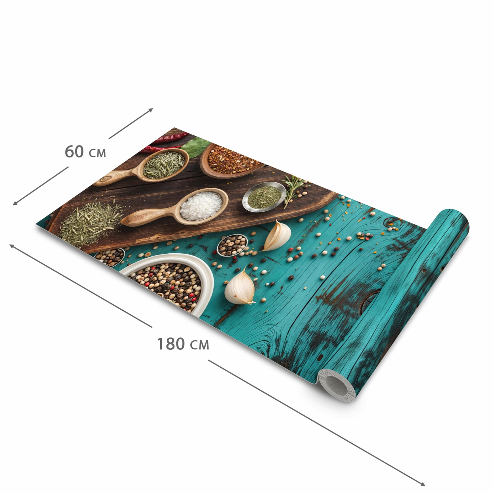 Rutschfester Läufer für Flur mit Motiv Küchenzutaten Holztisch in der Grösse 60x150 cm