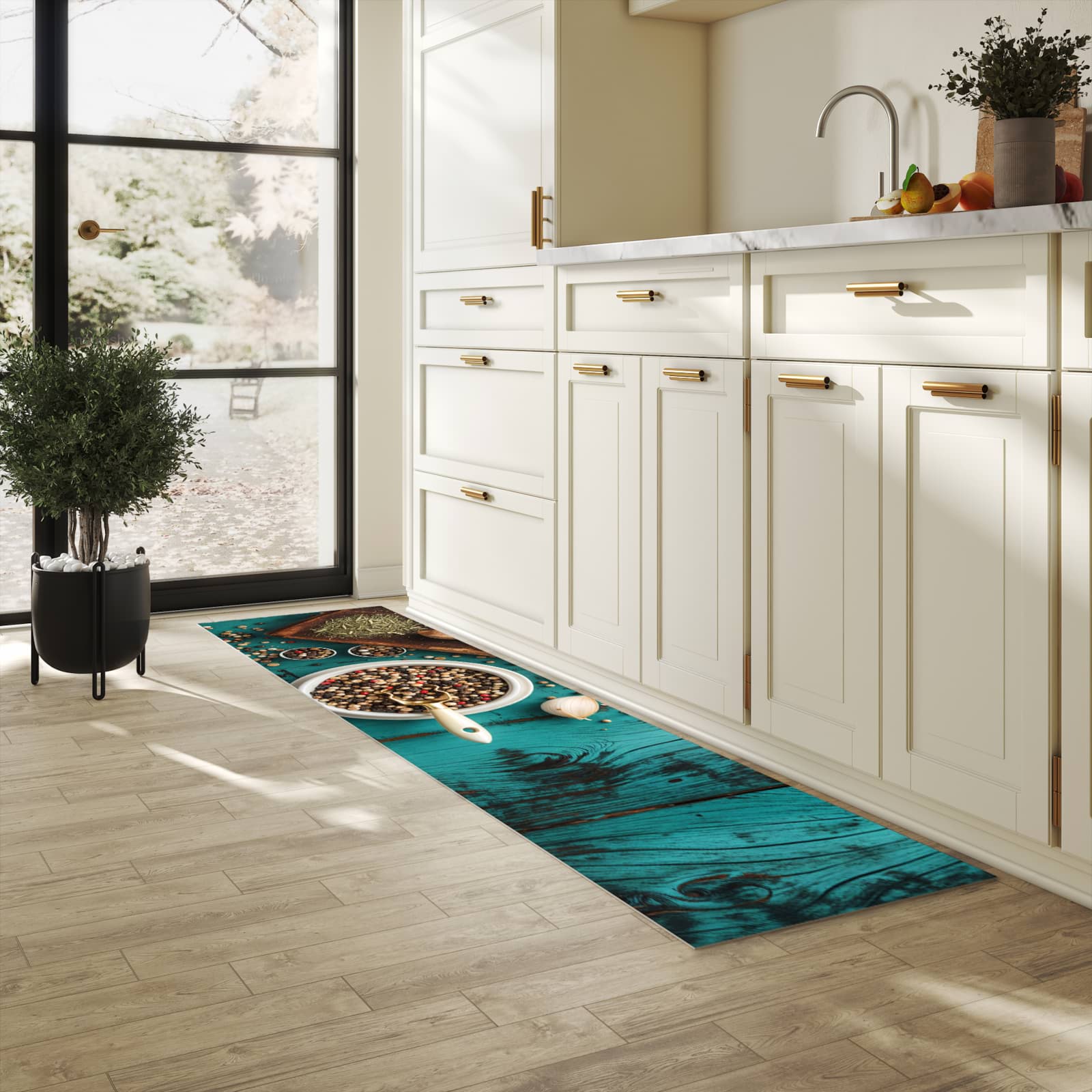 Komfortabler moderner Küchenläufer mit Motiv Küchenzutaten Holztisch in heller Küche