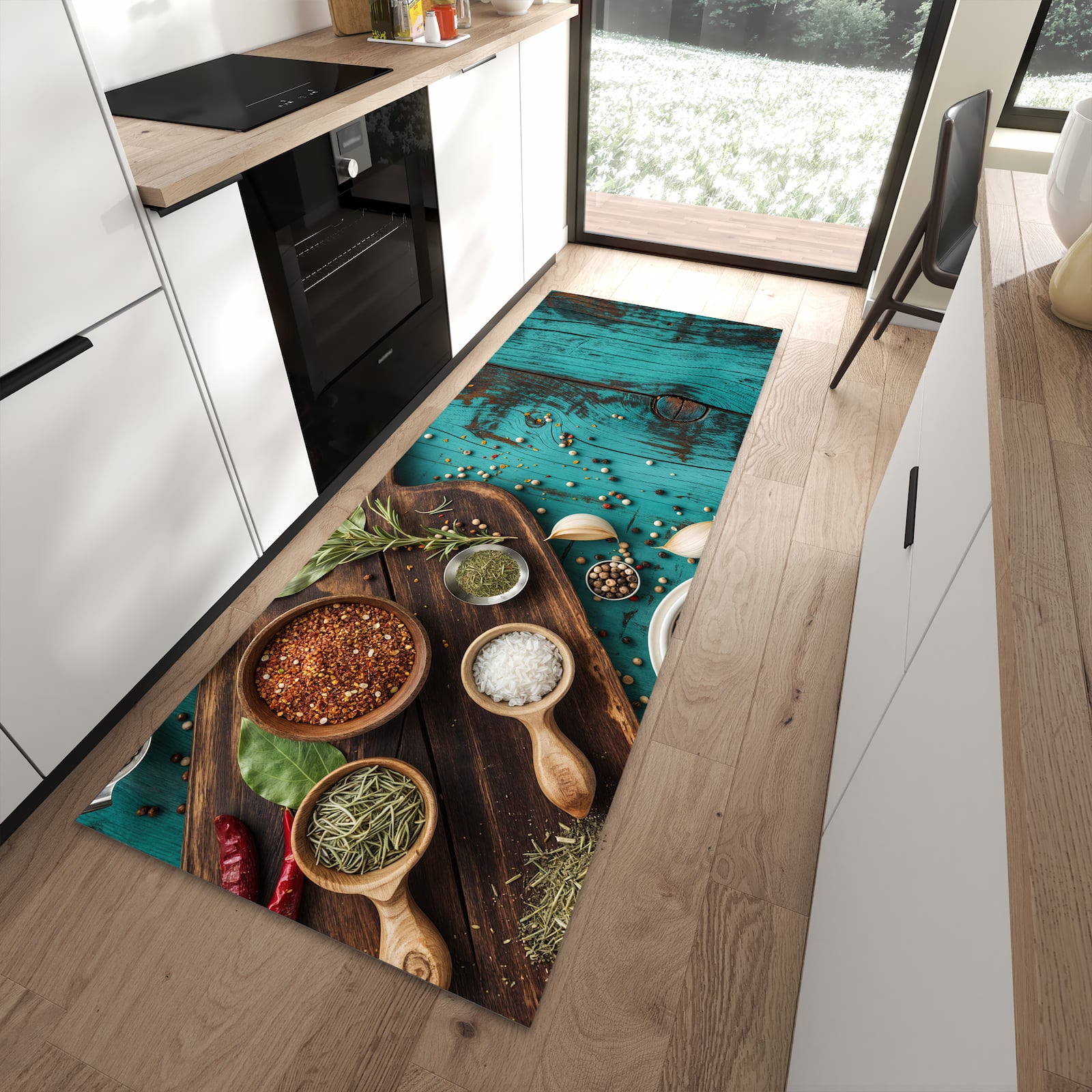 UV-beständiger waschbarer Teppich für Esstisch mit Motiv Küchenzutaten Holztisch in moderner Küche