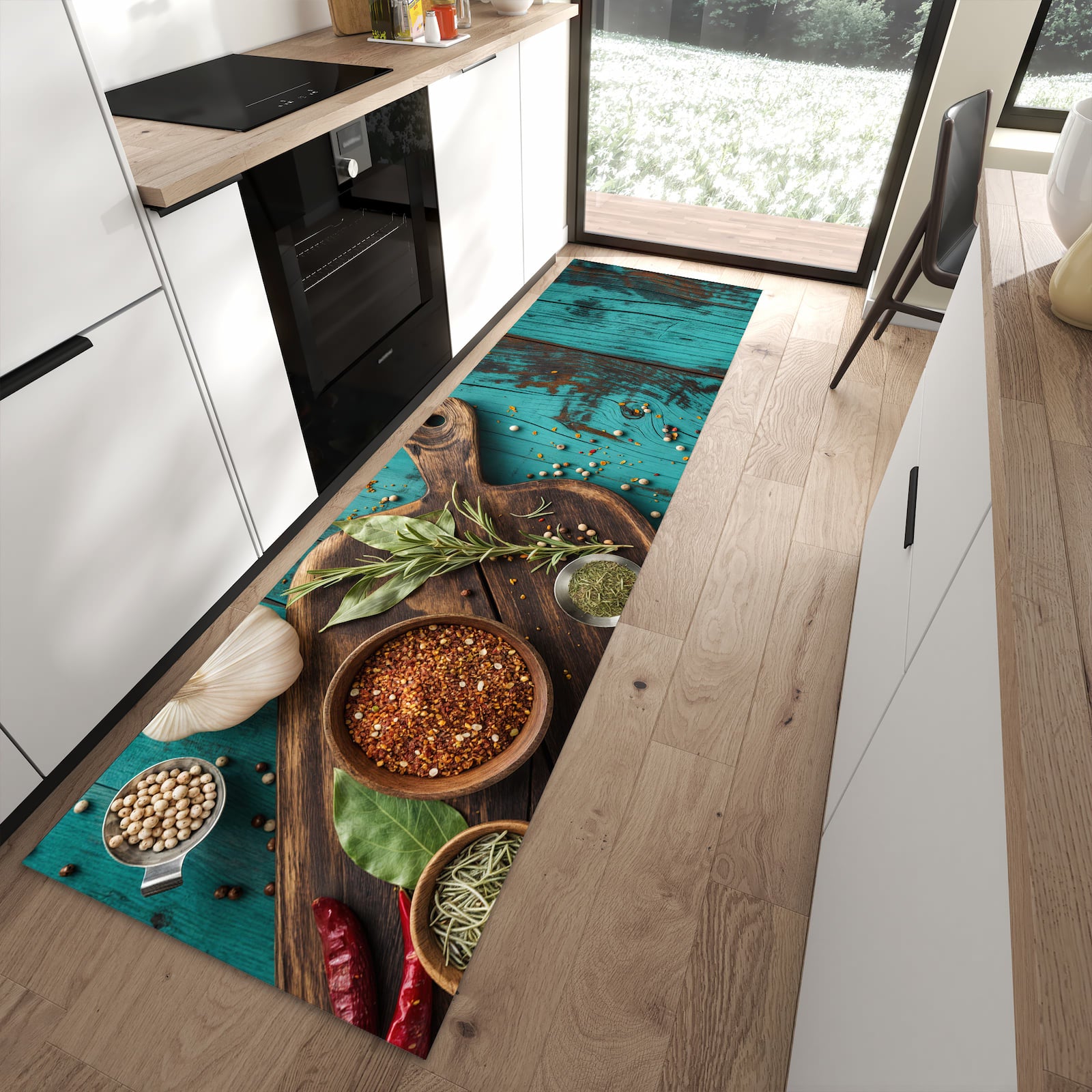 Rutschfester dünner Teppich mit Motiv Küchenzutaten Holztisch spart Zeit in moderner Küche
