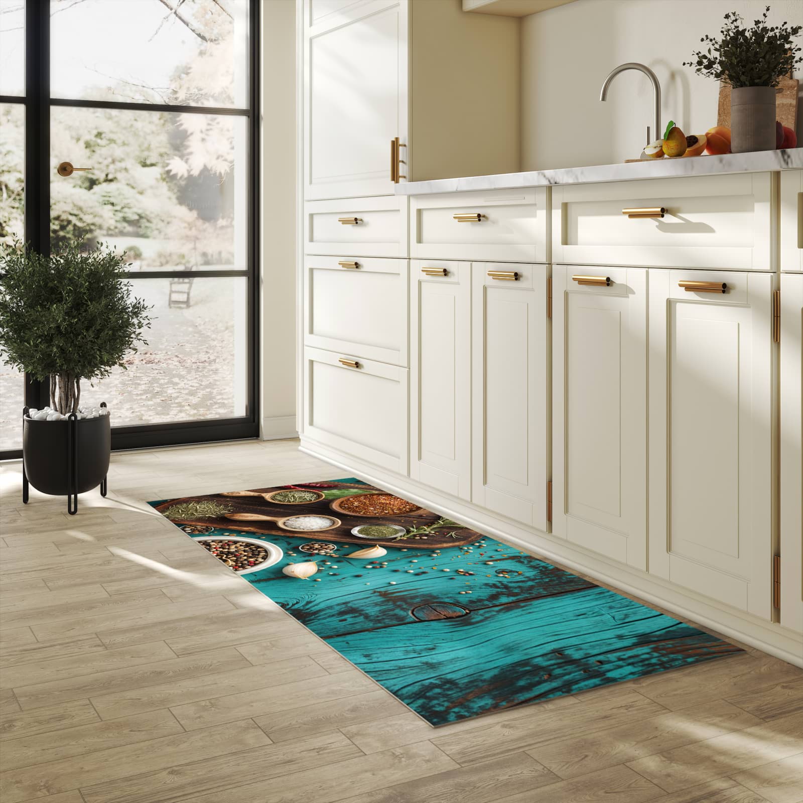 Komfortabler Küchenläufer mit Motiv Küchenzutaten Holztisch in heller Küche