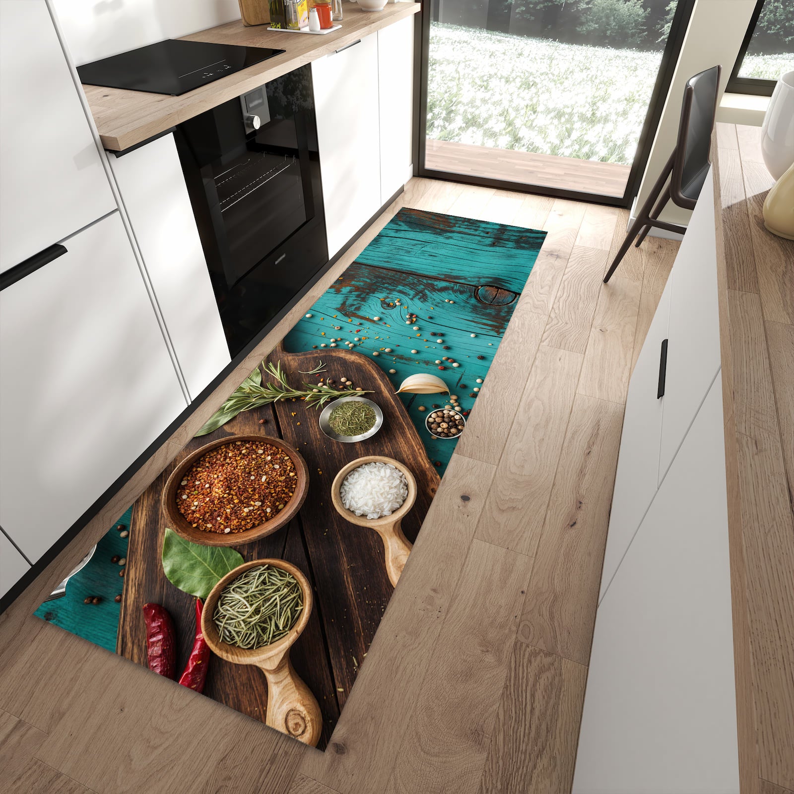 Dünner Küchenteppich mit Motiv Küchenzutaten Holztisch in moderner Küche für sicheres Aufbewahren
