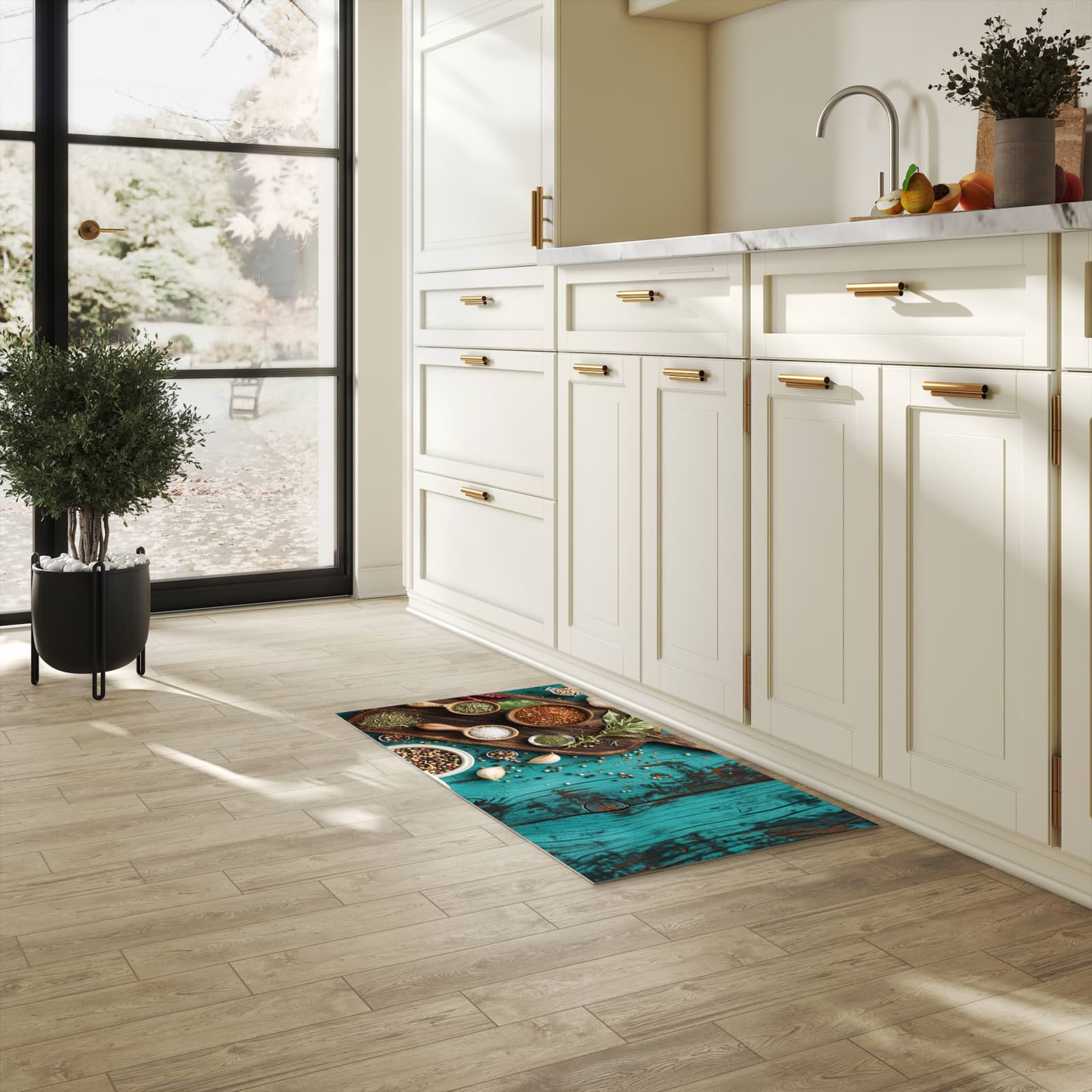 Geruchsneutraler rutschfester Küchenläufer mit Motiv Küchenzutaten Holztisch in heller Küche