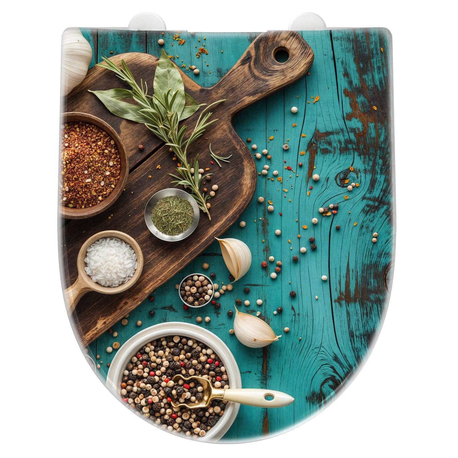 WC-Sitz mit Absenkautomatik Küchenzutaten Holztisch