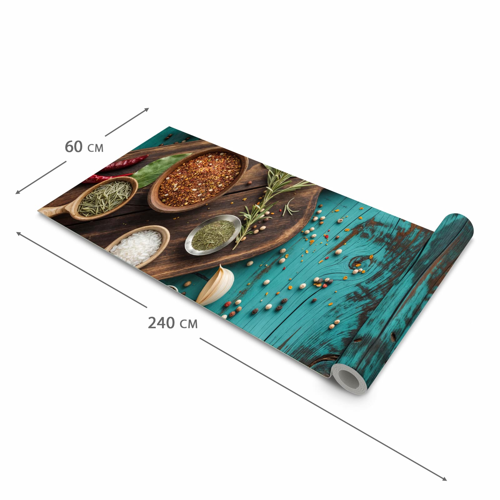 Feuchtigkeitsresistenter dünner Küchenteppich mit Motiv Küchenzutaten Holztisch in der Grösse 60x150 cm