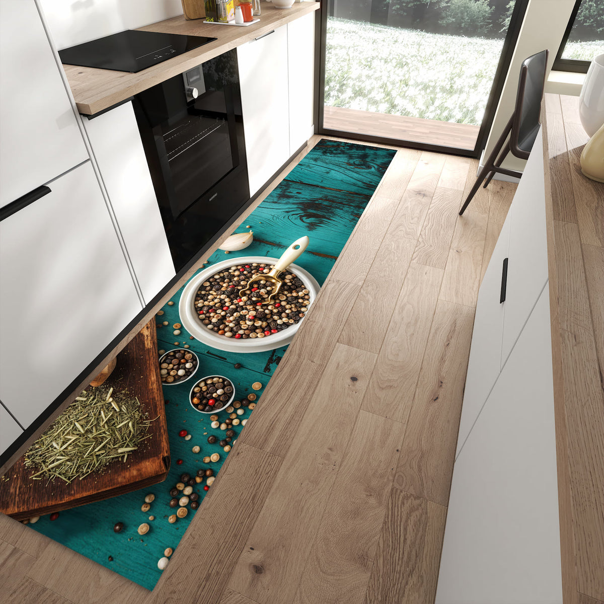 13 Größen – von 60 × 90 bis 80 × 300 cm – Küchenläufer - Gewürze auf Türkis