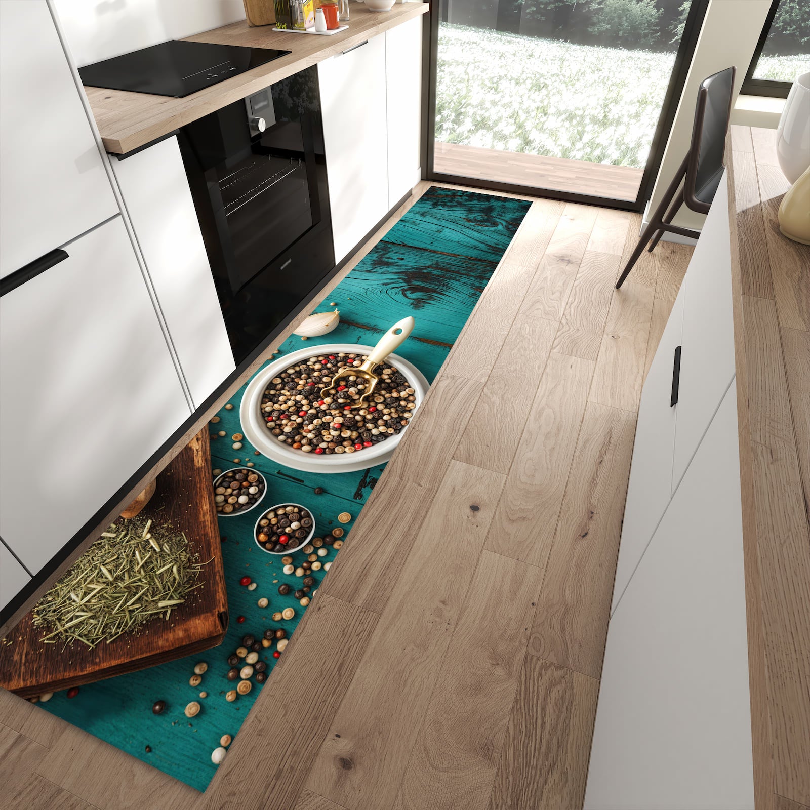Bodenschonender langer Teppich mit Motiv Küchenzutaten Holztisch in moderner Küche