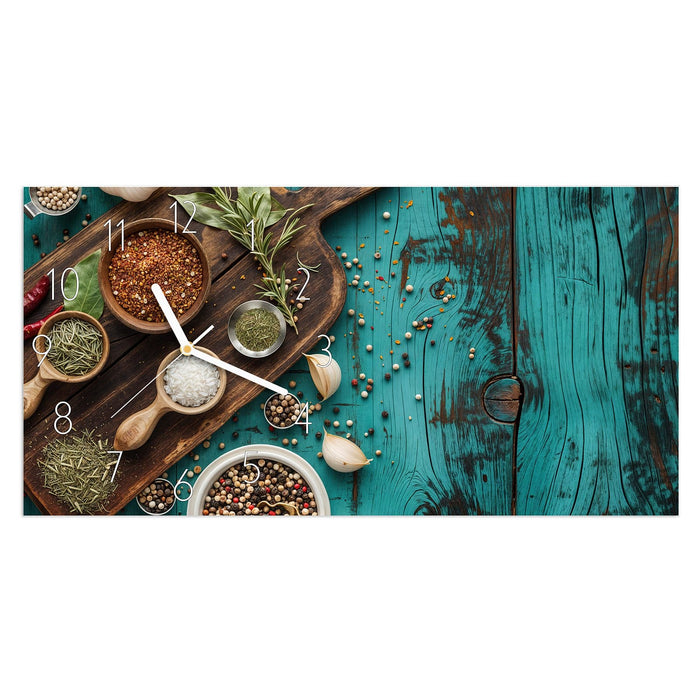 Wanduhr Küchenzutaten Holztisch aus Glas – Querformat 60 × 30 cm mit Ziffernblatt Elegant