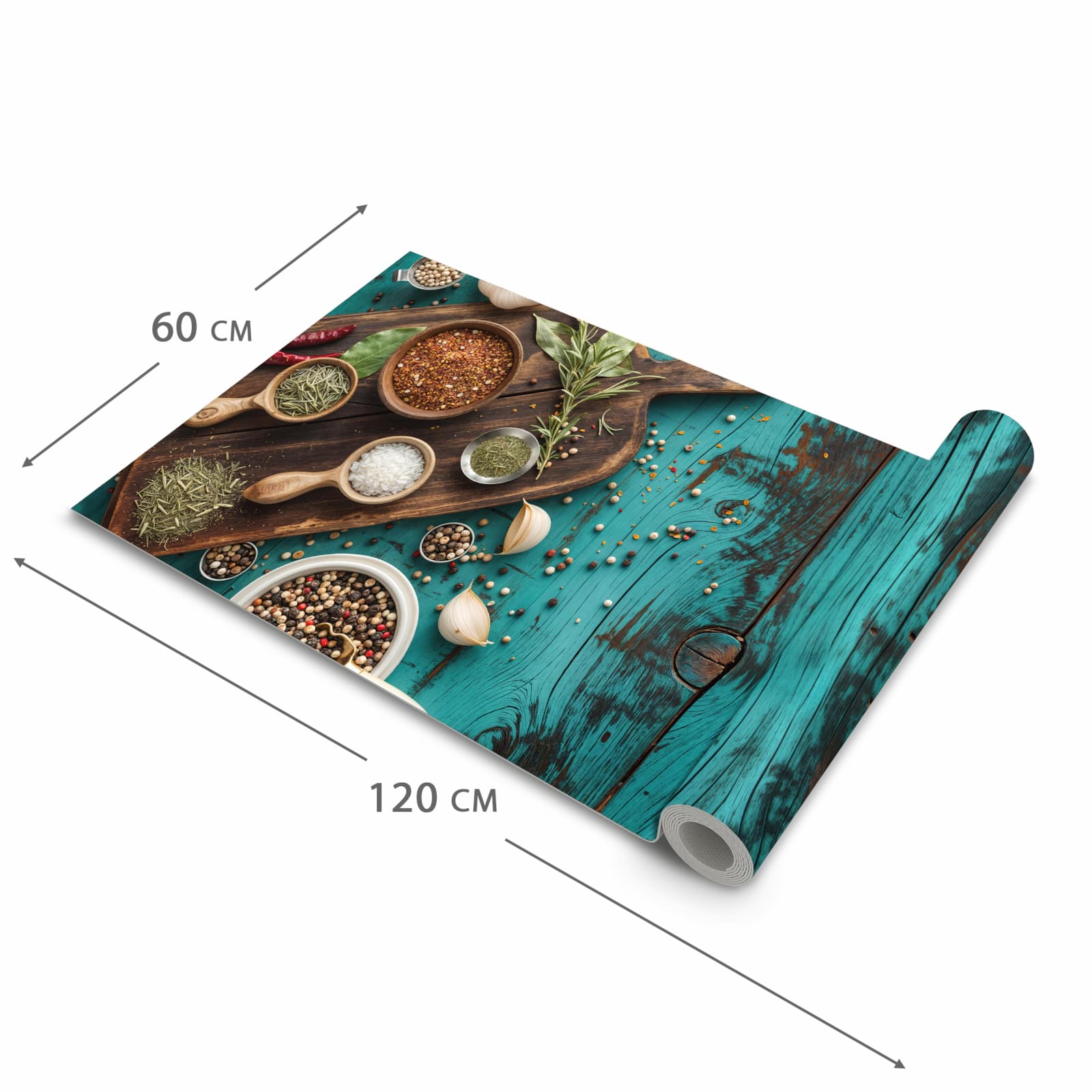 Waschbarer langer Teppich mit Motiv Küchenzutaten Holztisch in der Größe 60x150 cm