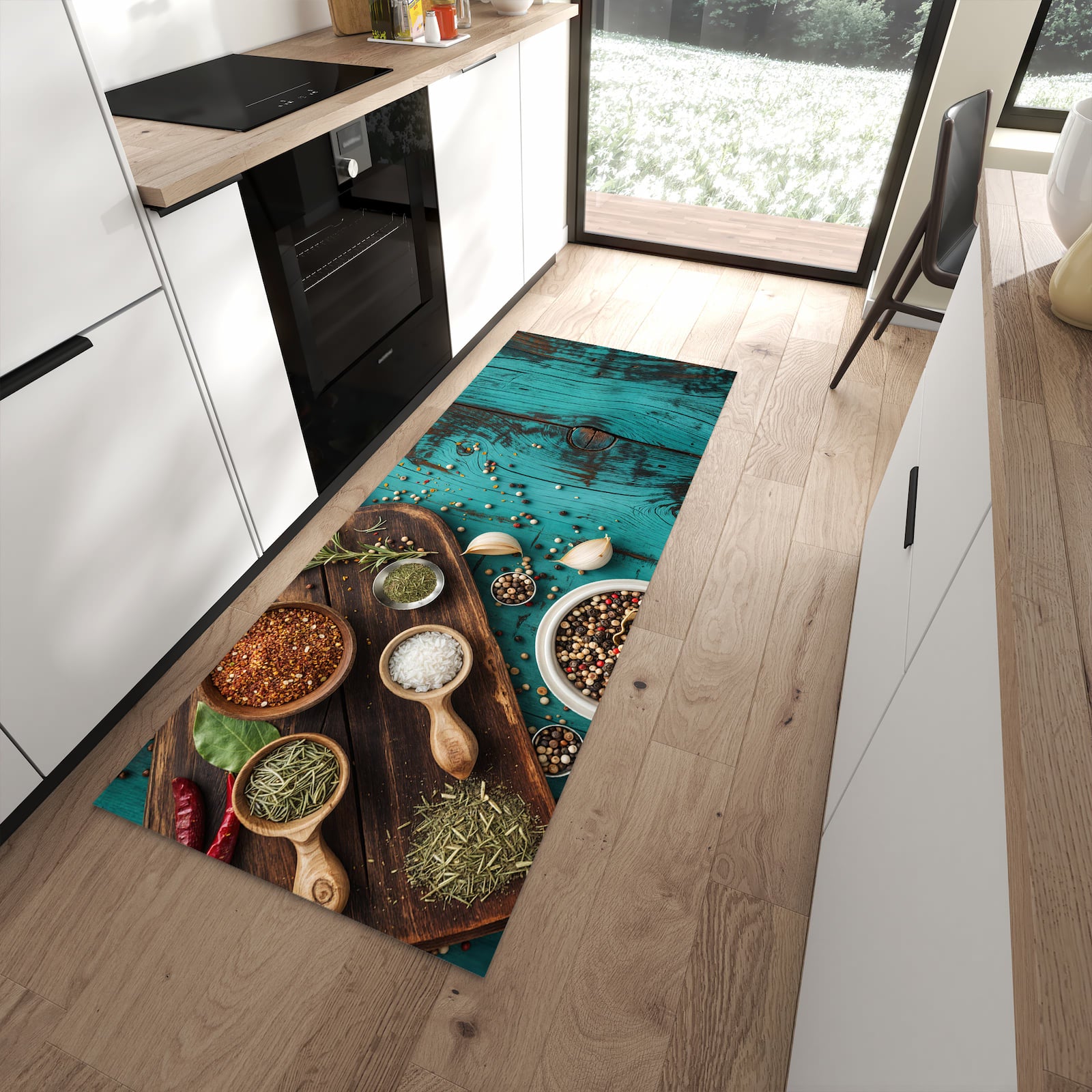Formstabiler Läufer mit Motiv Küchenzutaten Holztisch in moderner Küche für rutschfesten Stand