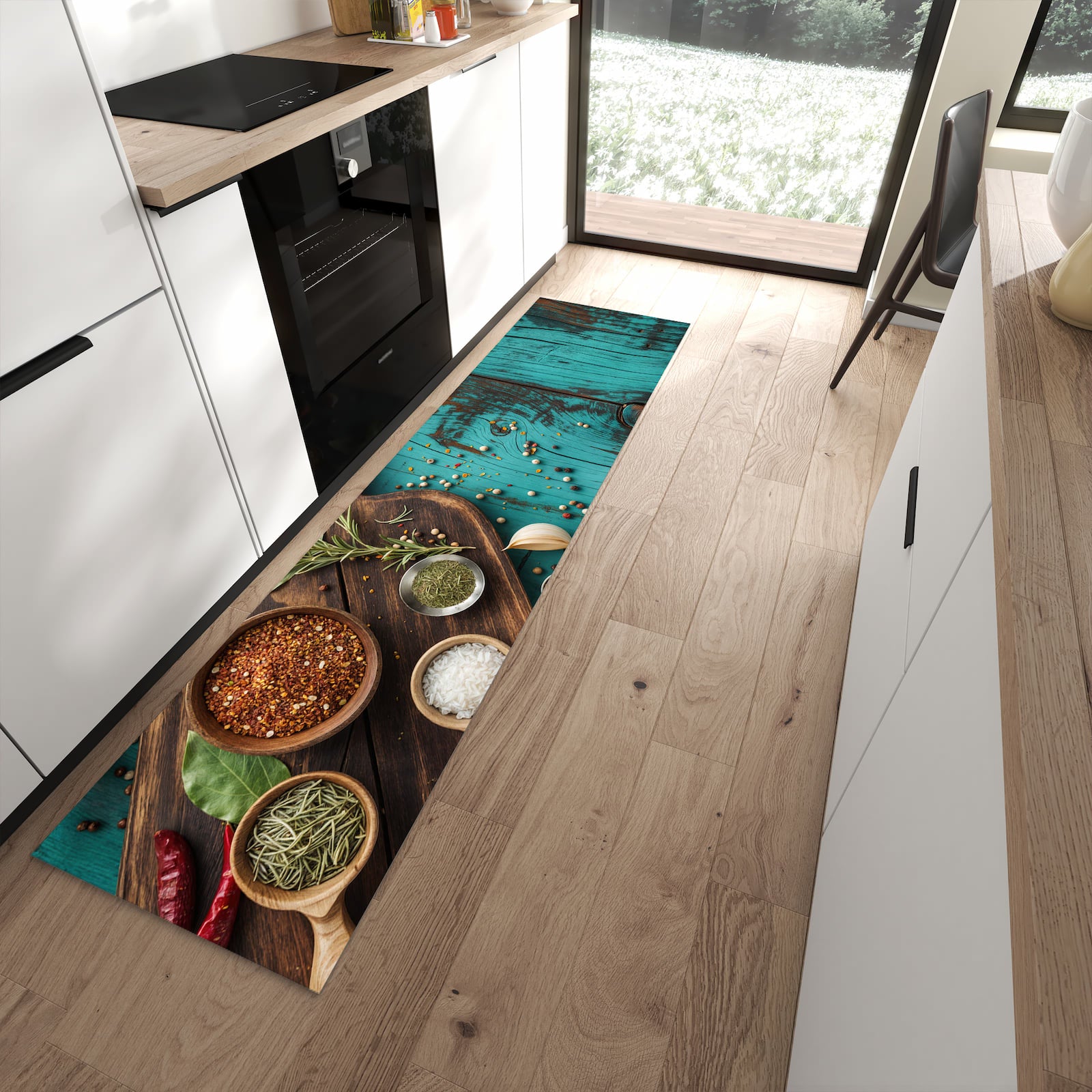 Bodenschonender waschbarer Läufer für die Küche mit Motiv Küchenzutaten Holztisch in moderner Küche