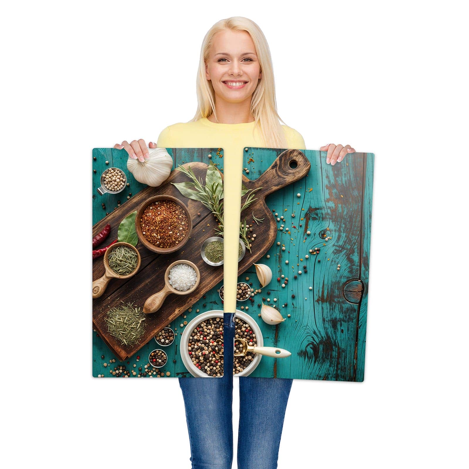 2-teilige Herdabdeckung mit Küchenzutaten Holztisch-Motiv wird zur Größendarstellung gehalten