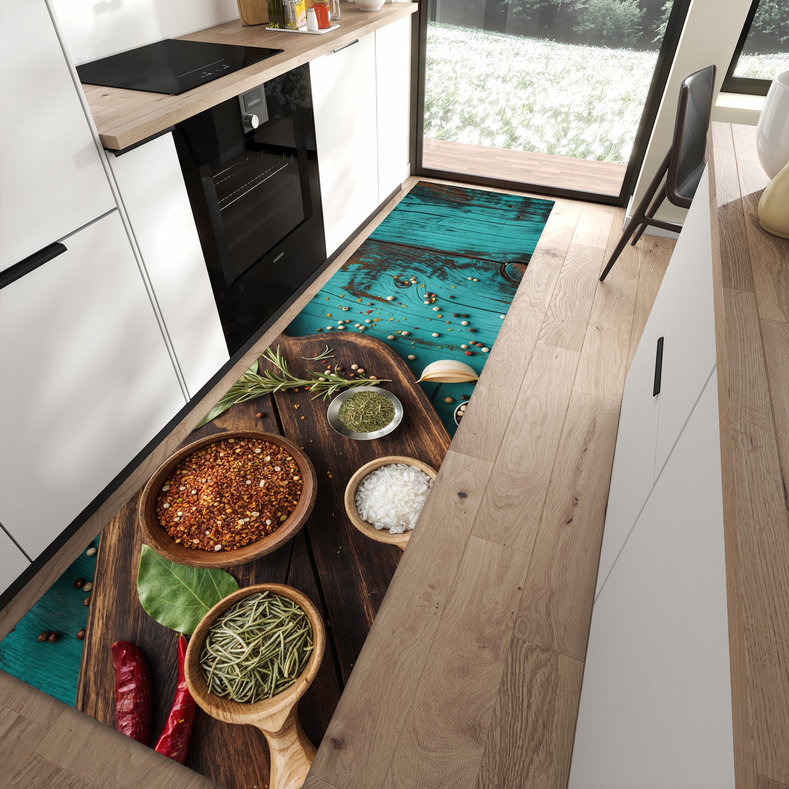 Geräuschdämpfender dünner Küchenteppich mit Motiv Küchenzutaten Holztisch in moderner Küche