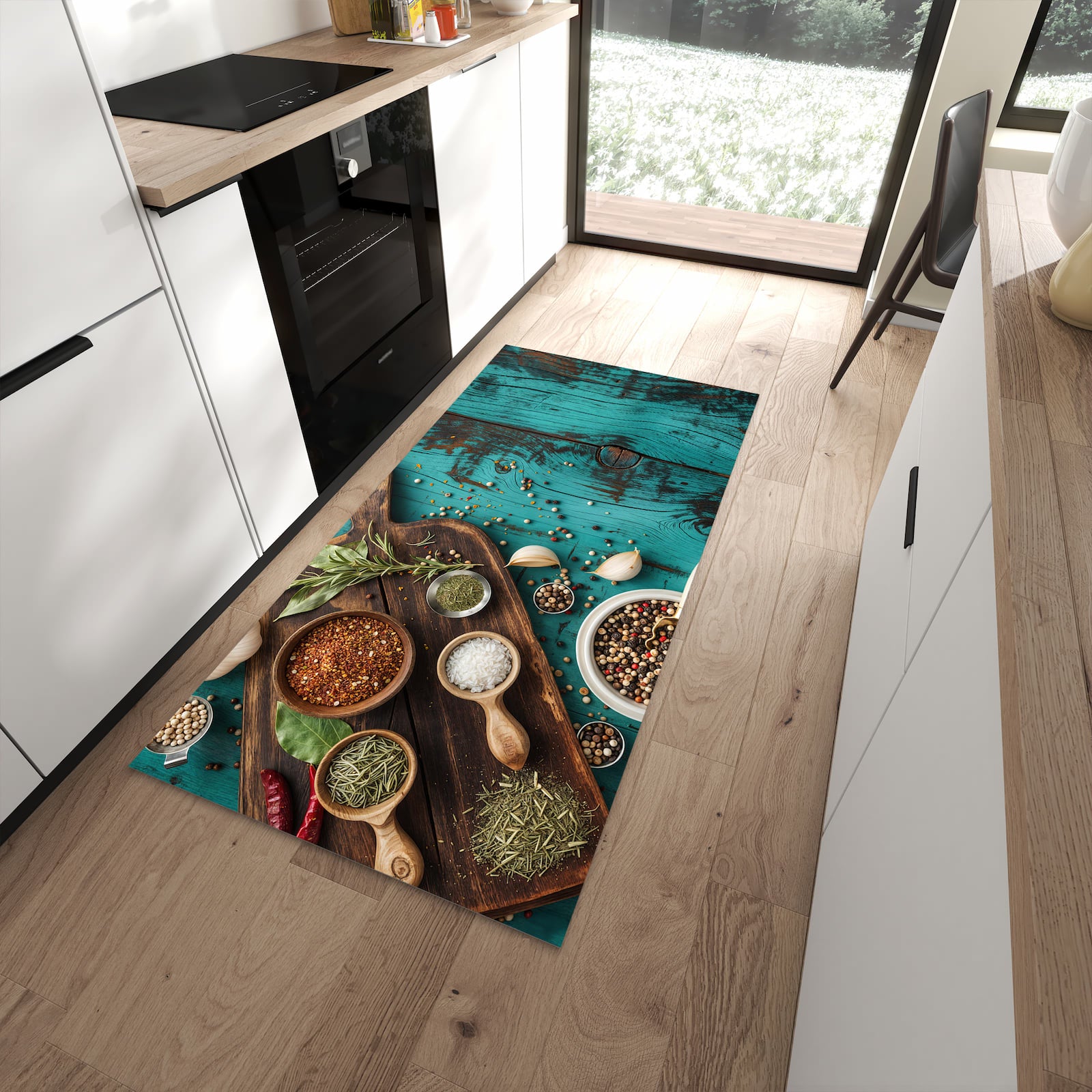 Abriebfester waschbarer Teppich fürs Esszimmer mit Motiv Küchenzutaten Holztisch in moderner Küche