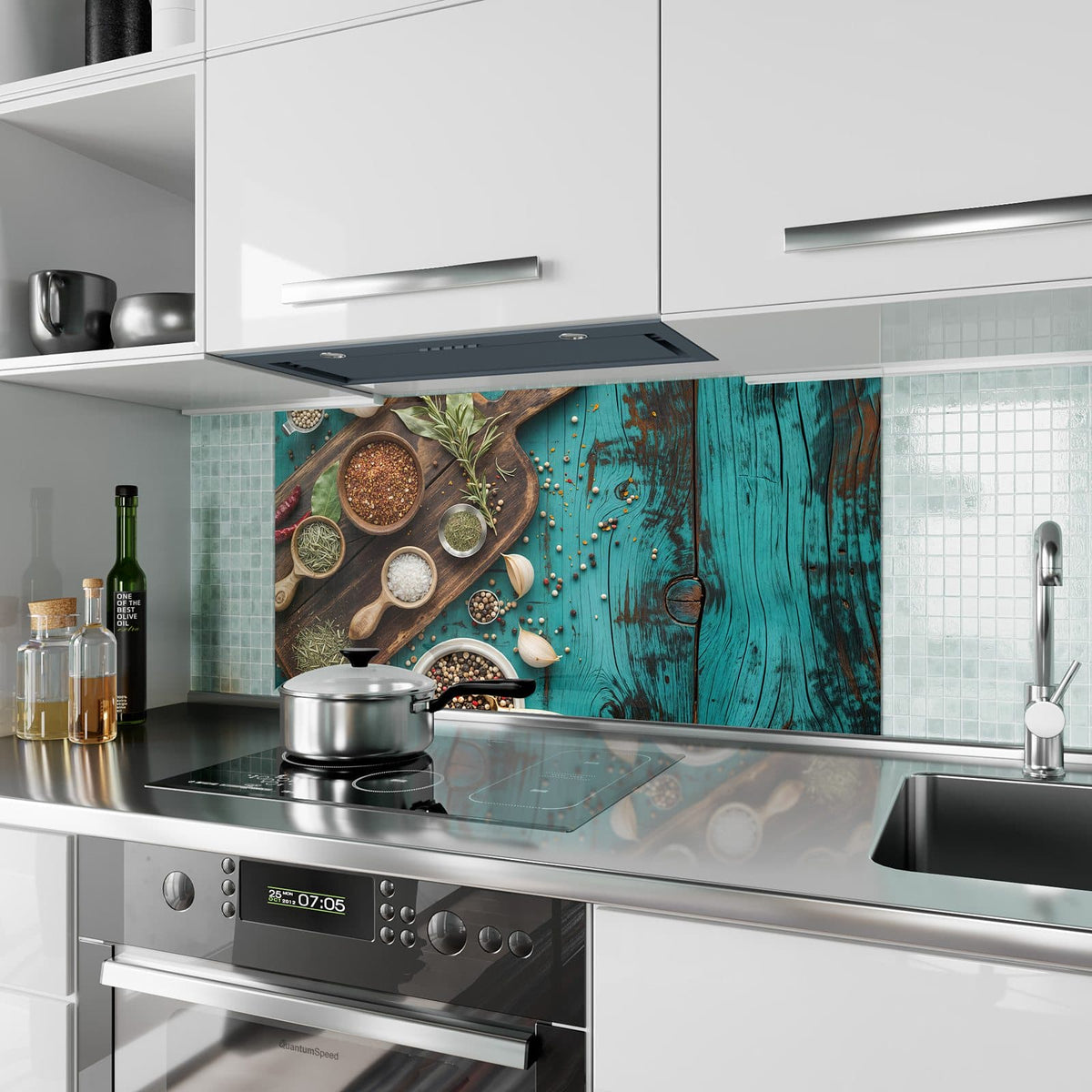 Küchenrückwand aus Glas Gewürze auf Türkis im Hochformat als Spritzschutz hinter dem Kochfeld, über dem Fliesenspiegel montiert