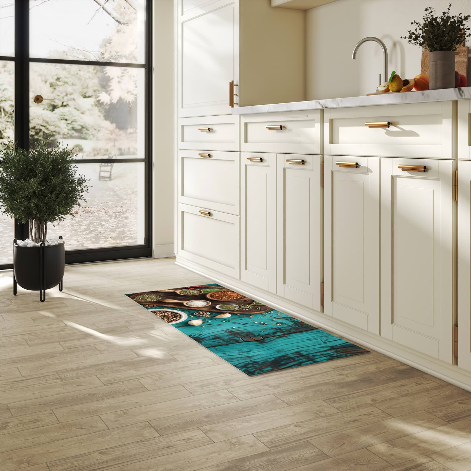 Langlebiger Küchenläufer mit Motiv Küchenzutaten Holztisch in heller Küche