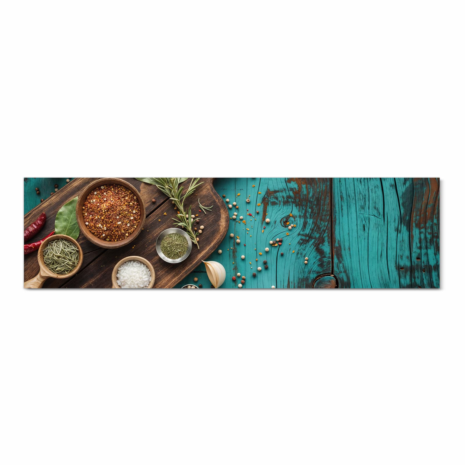 Waschbarer rutschfester Küchenläufer mit Motiv Küchenzutaten Holztisch in Frontansicht