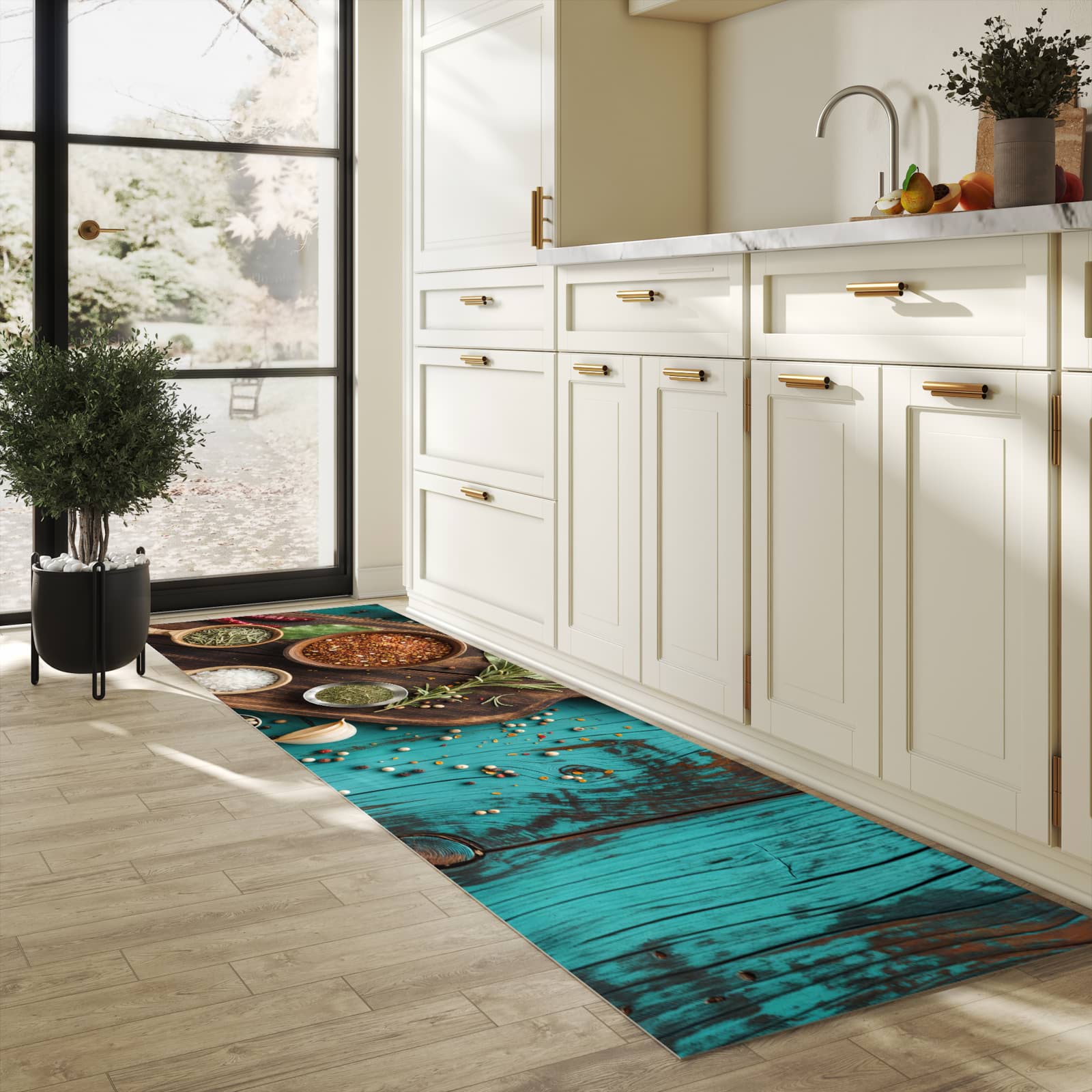 Waschbarer Küchenteppich mit Motiv Küchenzutaten Holztisch in heller Küche