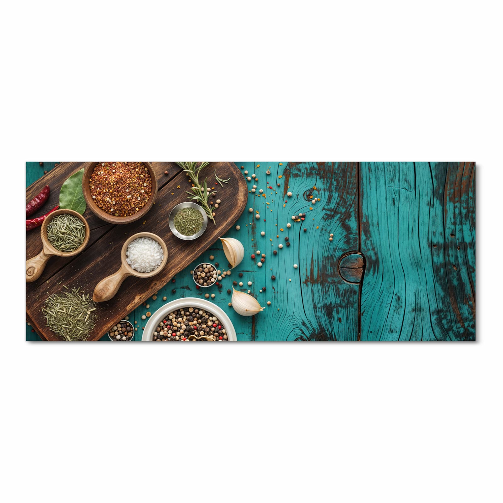 Flacher waschbarer Küchenteppich mit Motiv Küchenzutaten Holztisch in Frontansicht