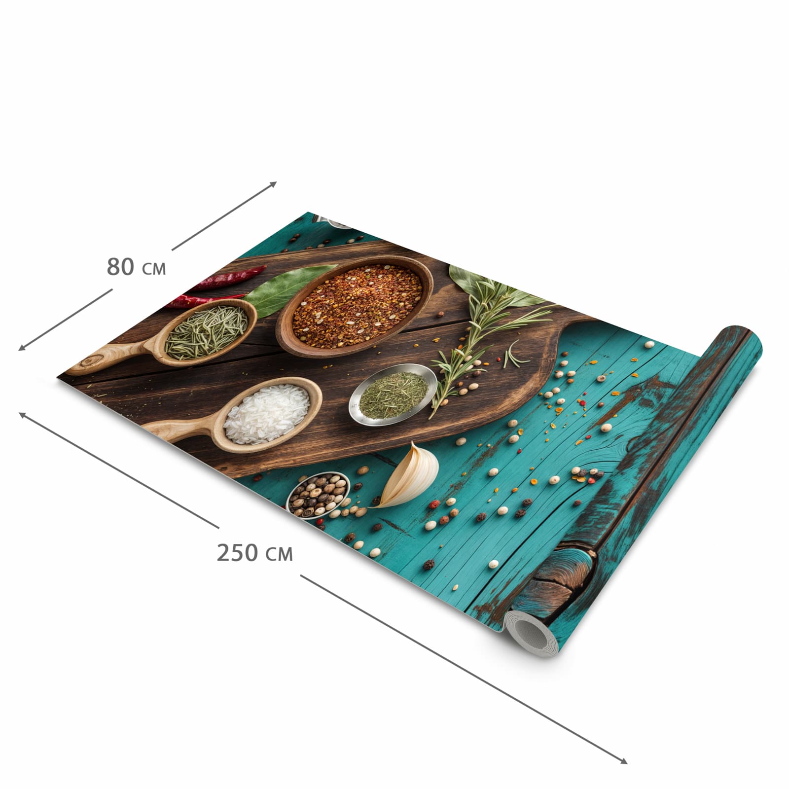 Formstabiler rutschfester Küchenteppich mit Motiv Küchenzutaten Holztisch in der Grösse 60x150 cm