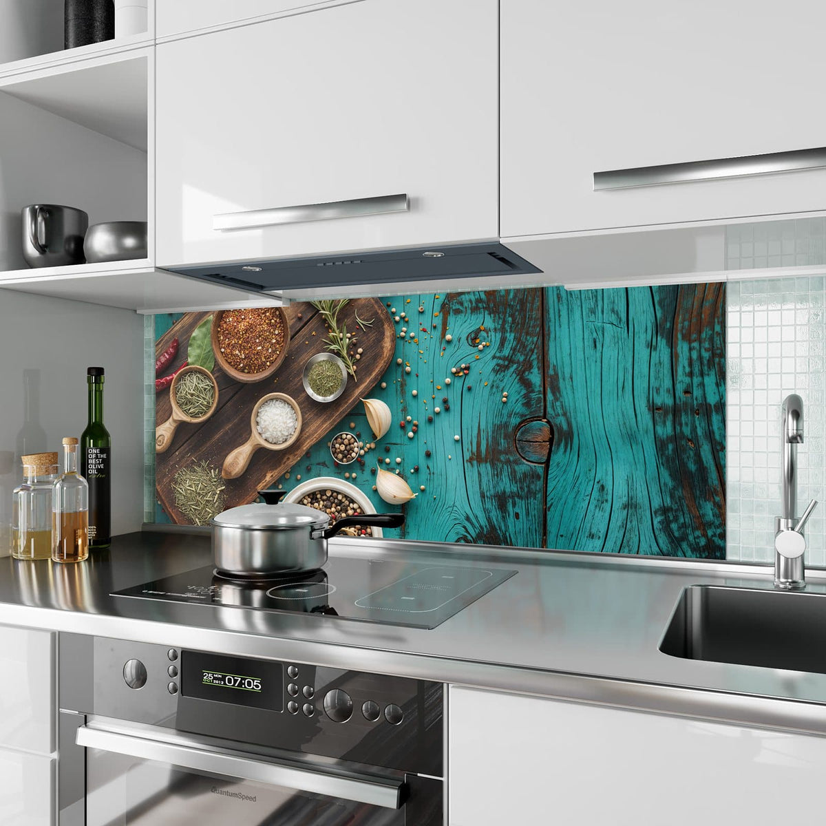 Küchenrückwand aus Glas Gewürze auf Türkis im Hochformat als Spritzschutz hinter dem Kochfeld, über dem Fliesenspiegel montiert