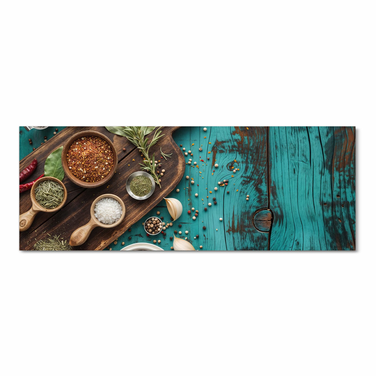 Langlebiger Küchenläufer mit Motiv Küchenzutaten Holztisch in Frontansicht für moderne Küchen