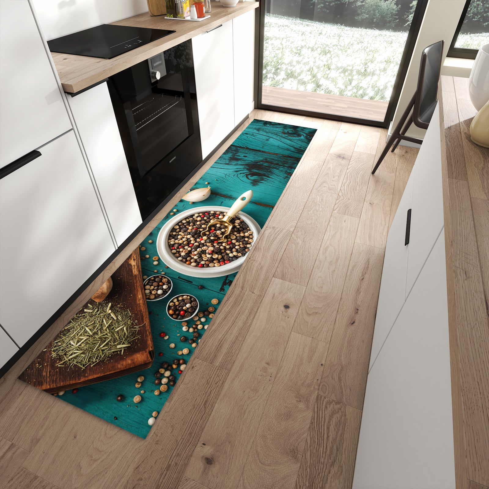 Waschbarer Küchenläufer mit Motiv Küchenzutaten Holztisch für Ordnung in moderner Küche