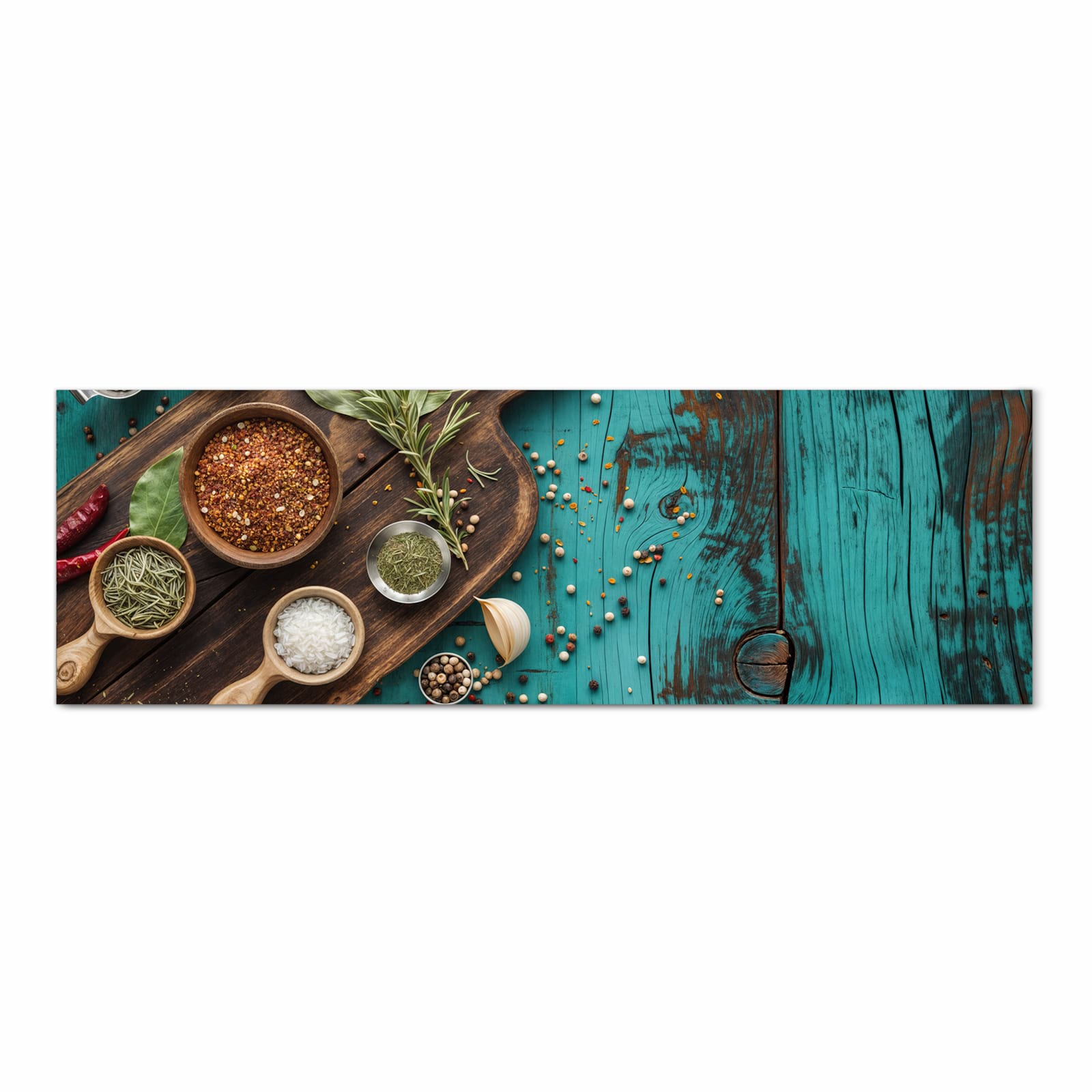 Hygienischer rutschfester Küchenläufer mit Motiv Küchenzutaten Holztisch in Frontansicht