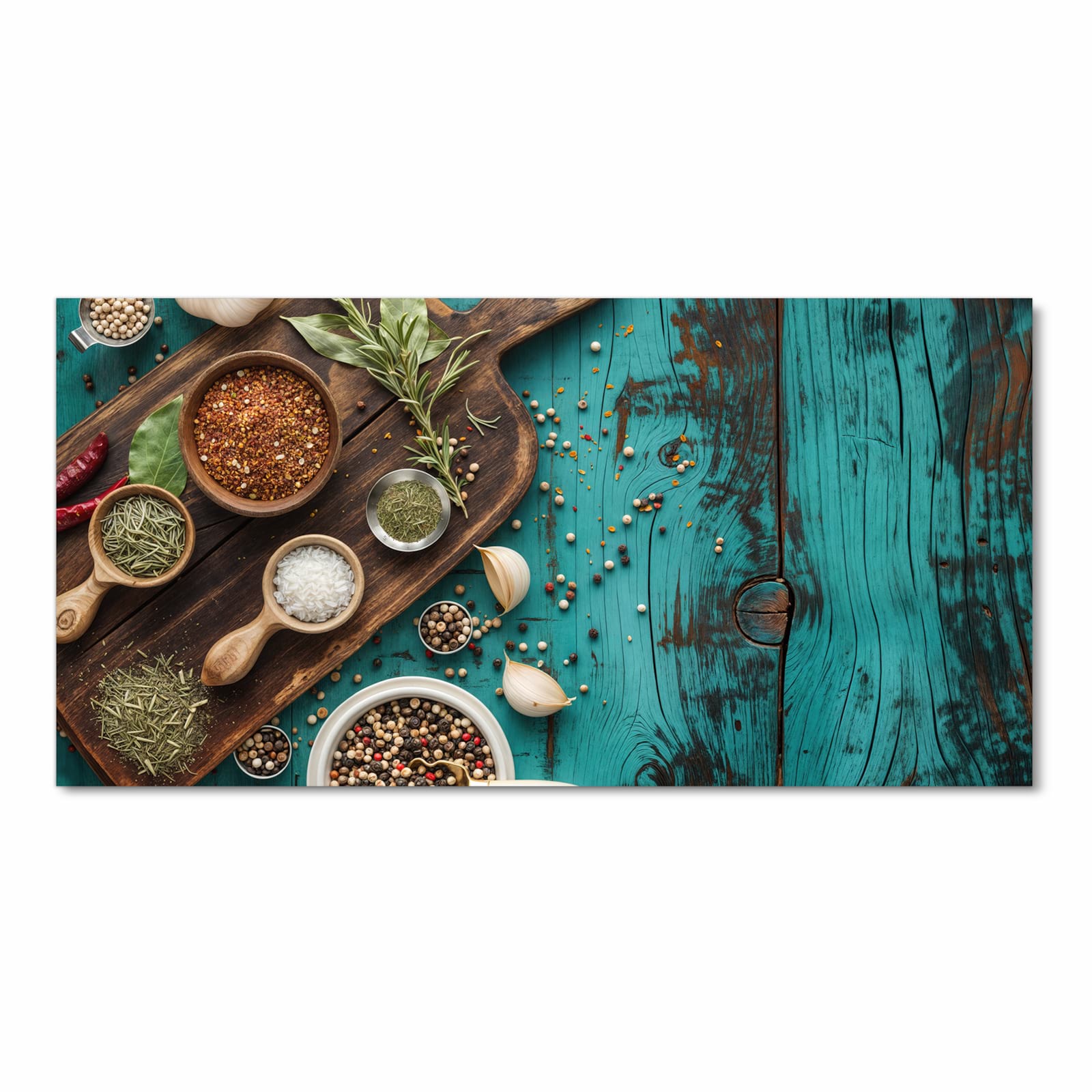 Langlebiger rutschfester Küchenteppich mit Motiv Küchenzutaten Holztisch in Frontansicht