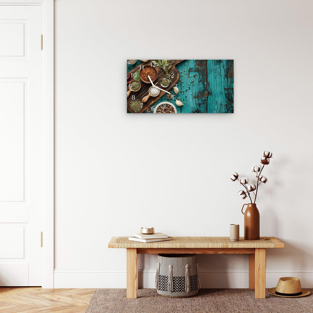 Moderne Wanduhr aus Glas mit Farbtiefe – Wanduhr Küchenzutaten Holztisch aus Glas – Querformat 60 × 30 cm