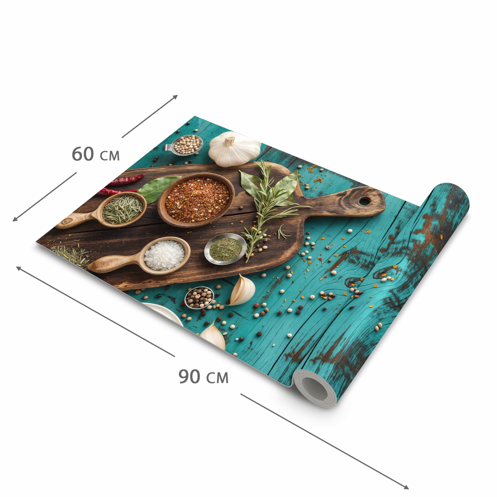 Bodenschonender waschbarer Teppich fürs Esszimmer mit Motiv Küchenzutaten Holztisch in der Grösse 60x150 cm