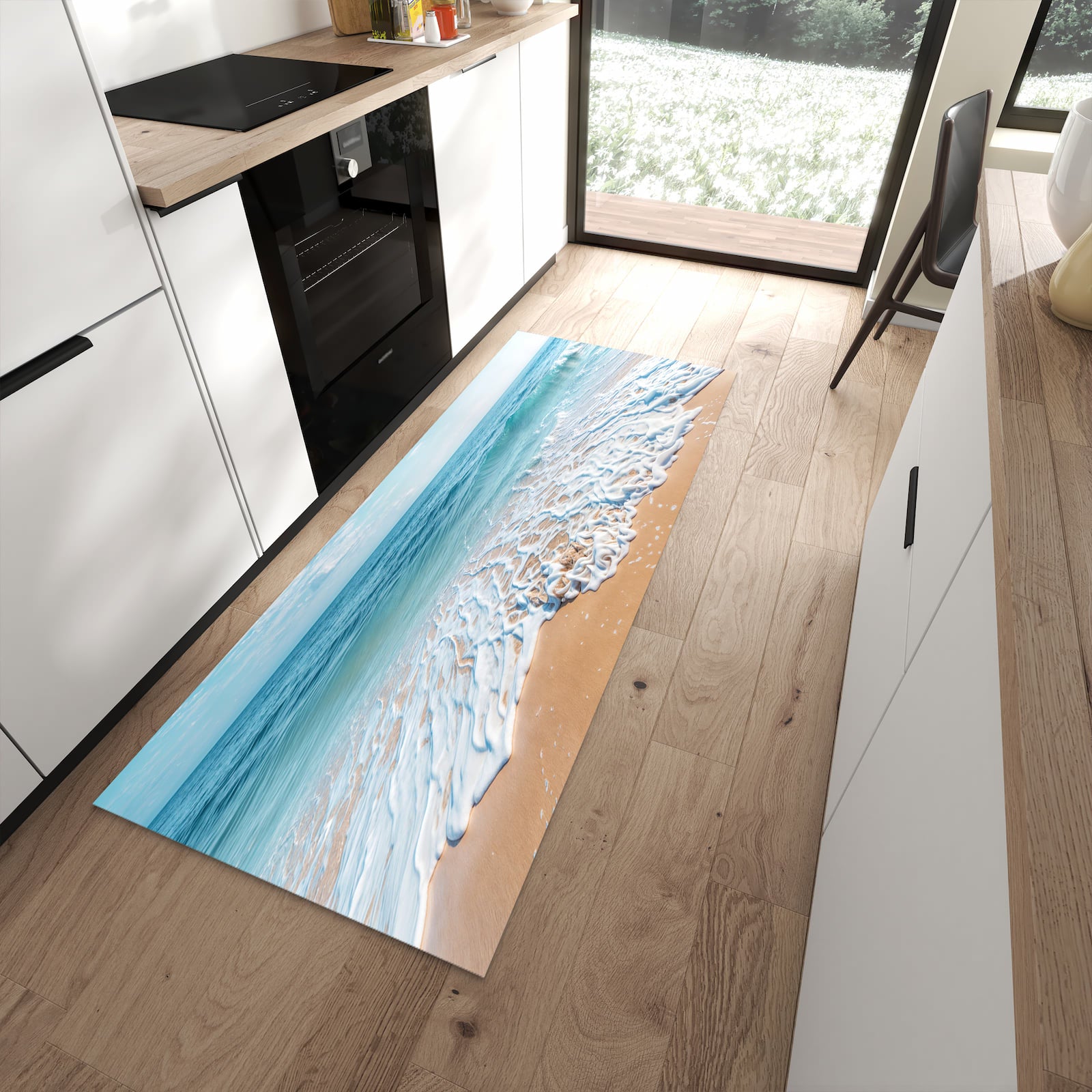 Rutschfester Küchenläufer mit Motiv Tropischer Strand in moderner Küche