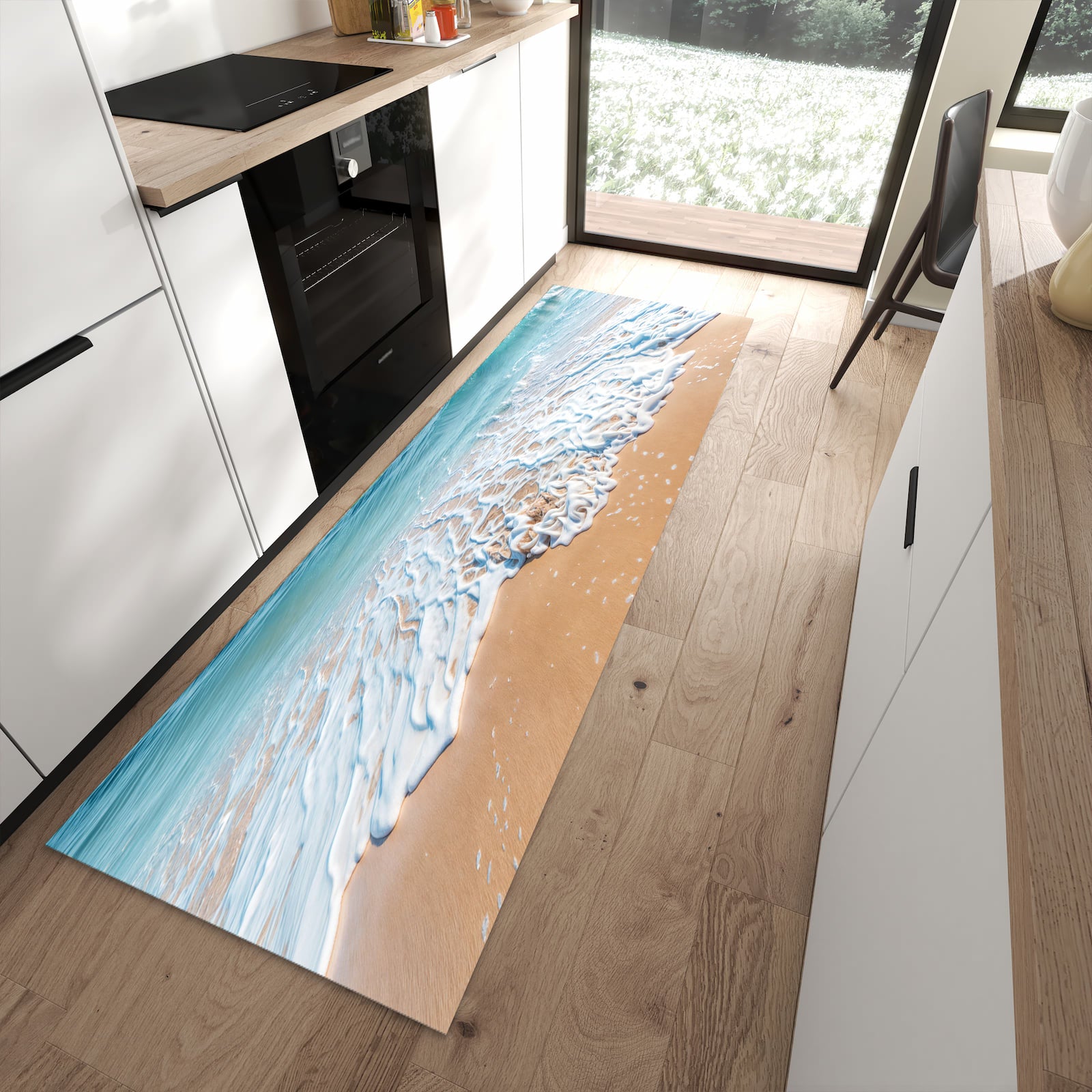 Pflegeleichter Küchenläufer mit Motiv Tropischer Strand in moderner Küche