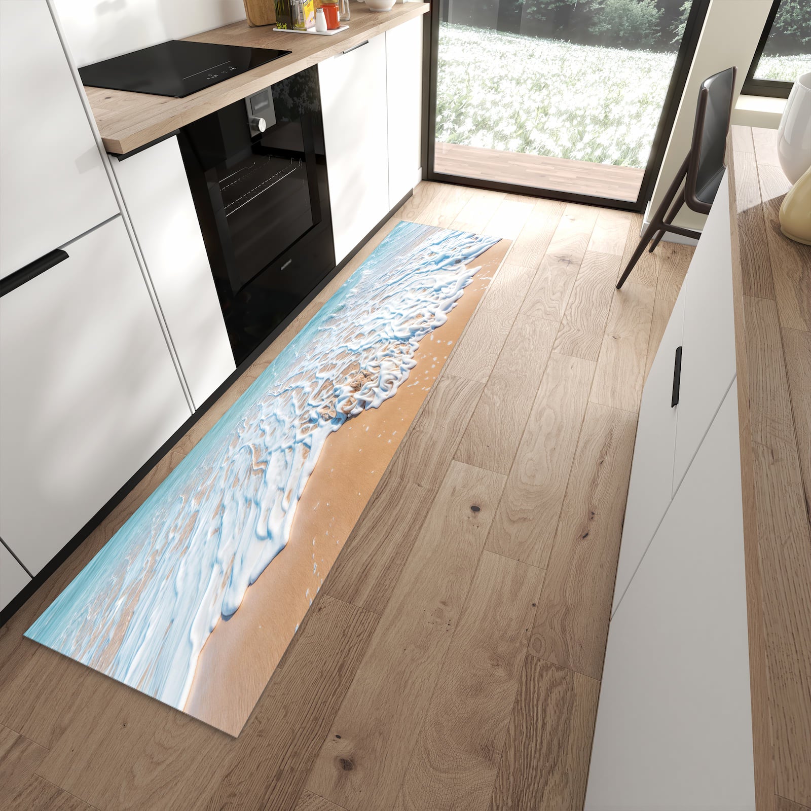 Langlebiger Küchenteppich mit Motiv Tropischer Strand in moderner Küche