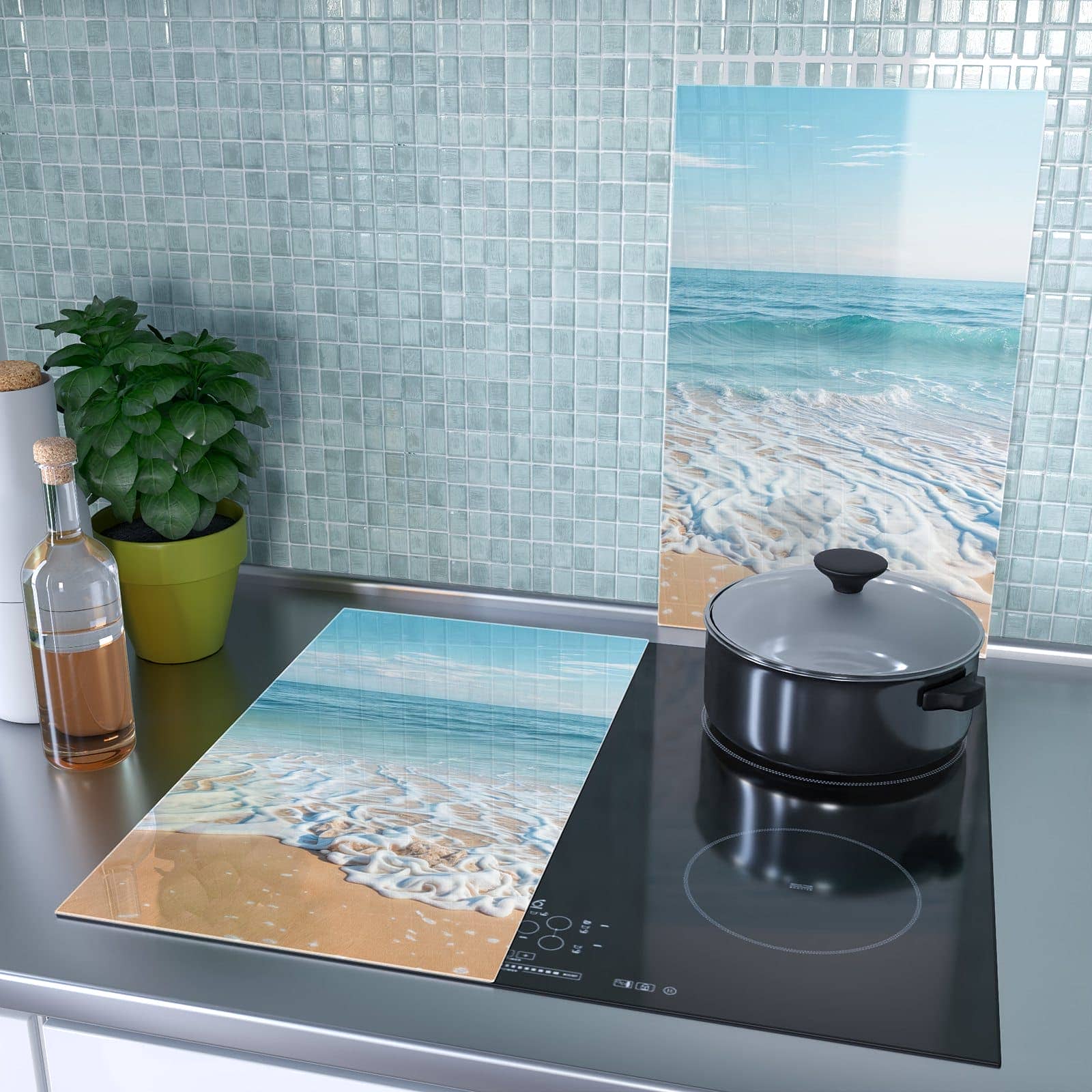 2-teilige Herdabdeckplatte Induktion mit Tropischer Strand-Motiv als Spritzschutz hinter dem Kochfeld