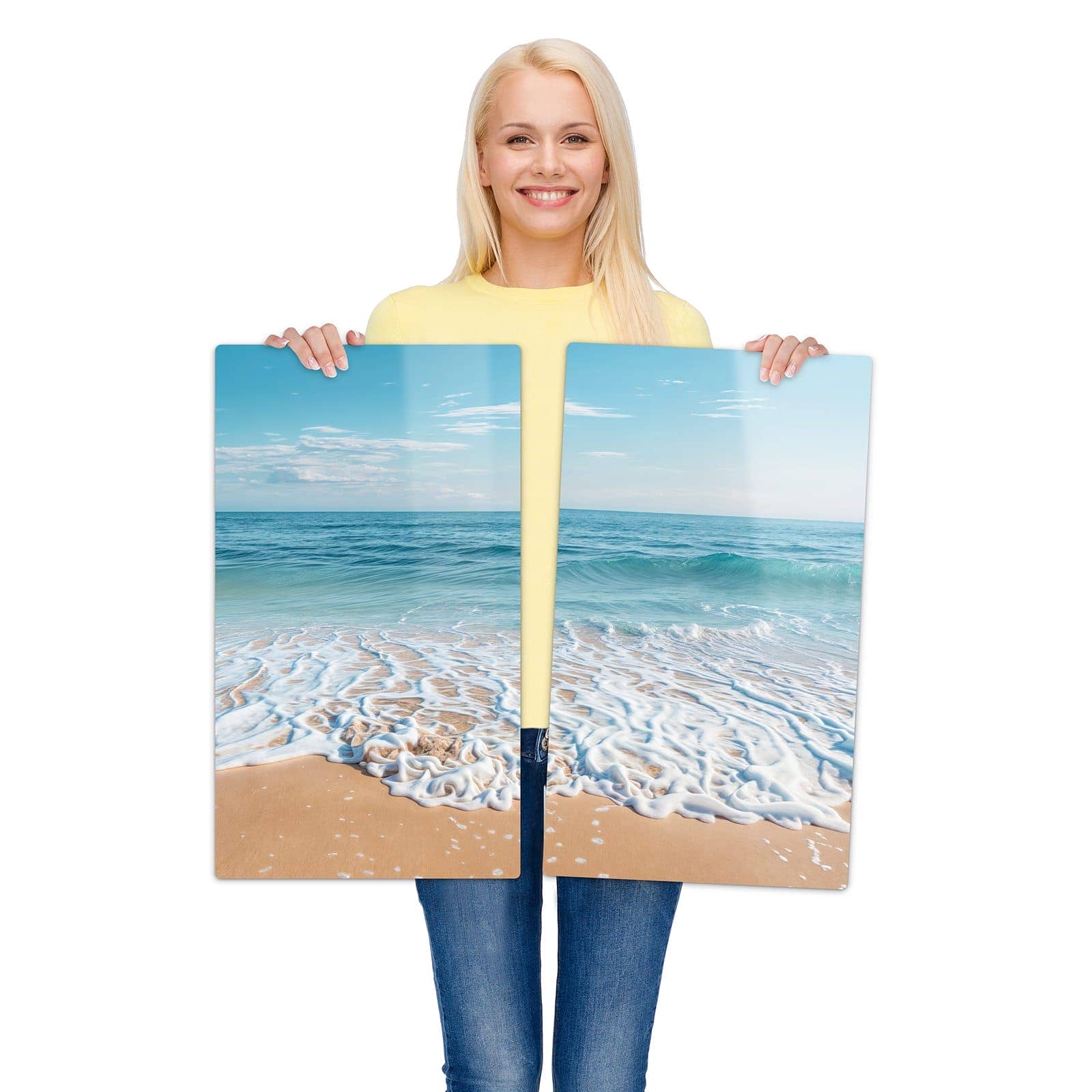 2-teilige Herdabdeckplatte mit Tropischer Strand-Motiv wird zur Größendarstellung gehalten