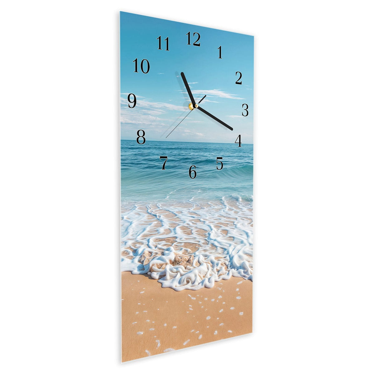 Vormontiert – mit Schwebeeffekt – Wanduhr Tropischer Strand aus Glas – Hochformat 30 × 60 cm