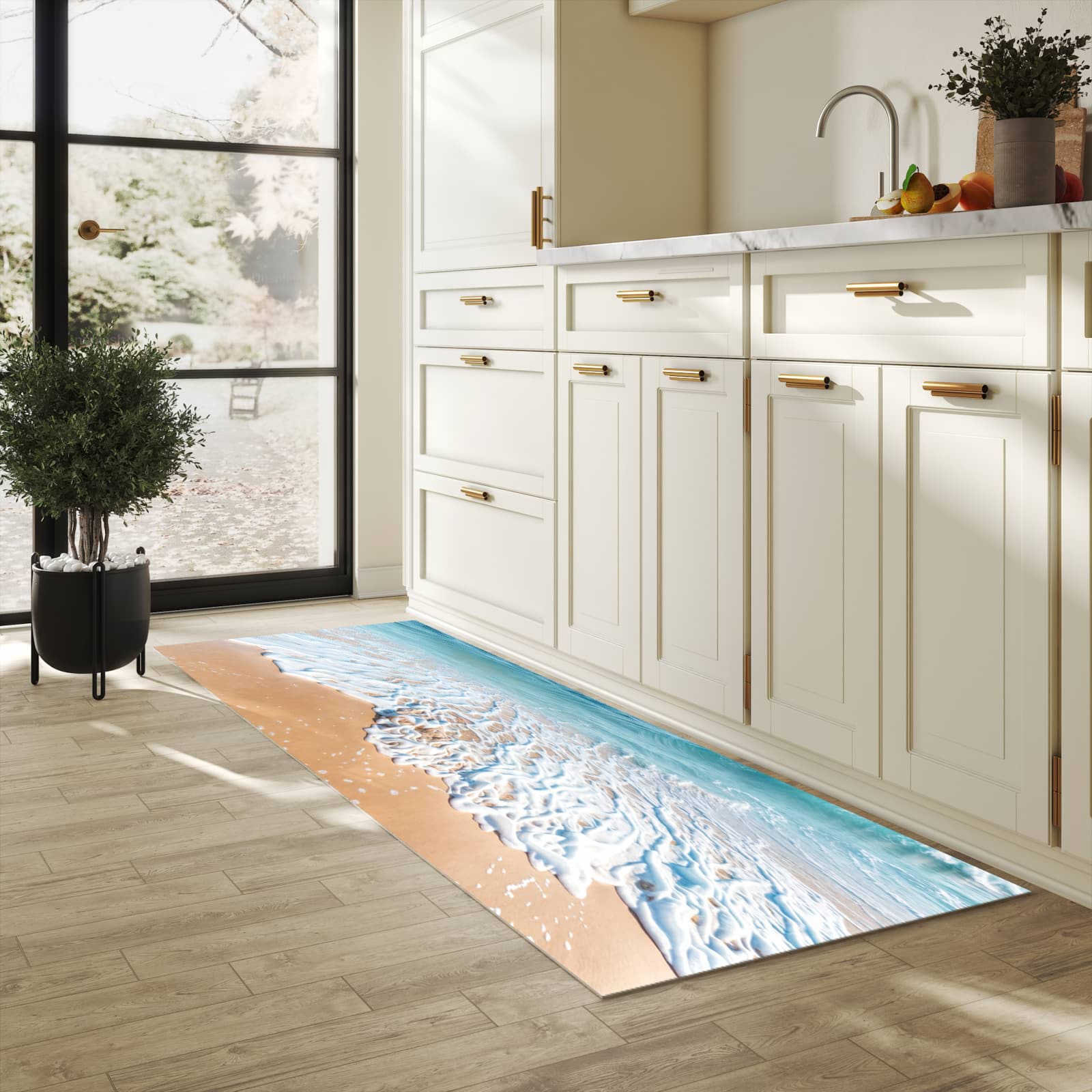 UV-beständiger Küchenläufer mit Motiv Tropischer Strand in heller Küche