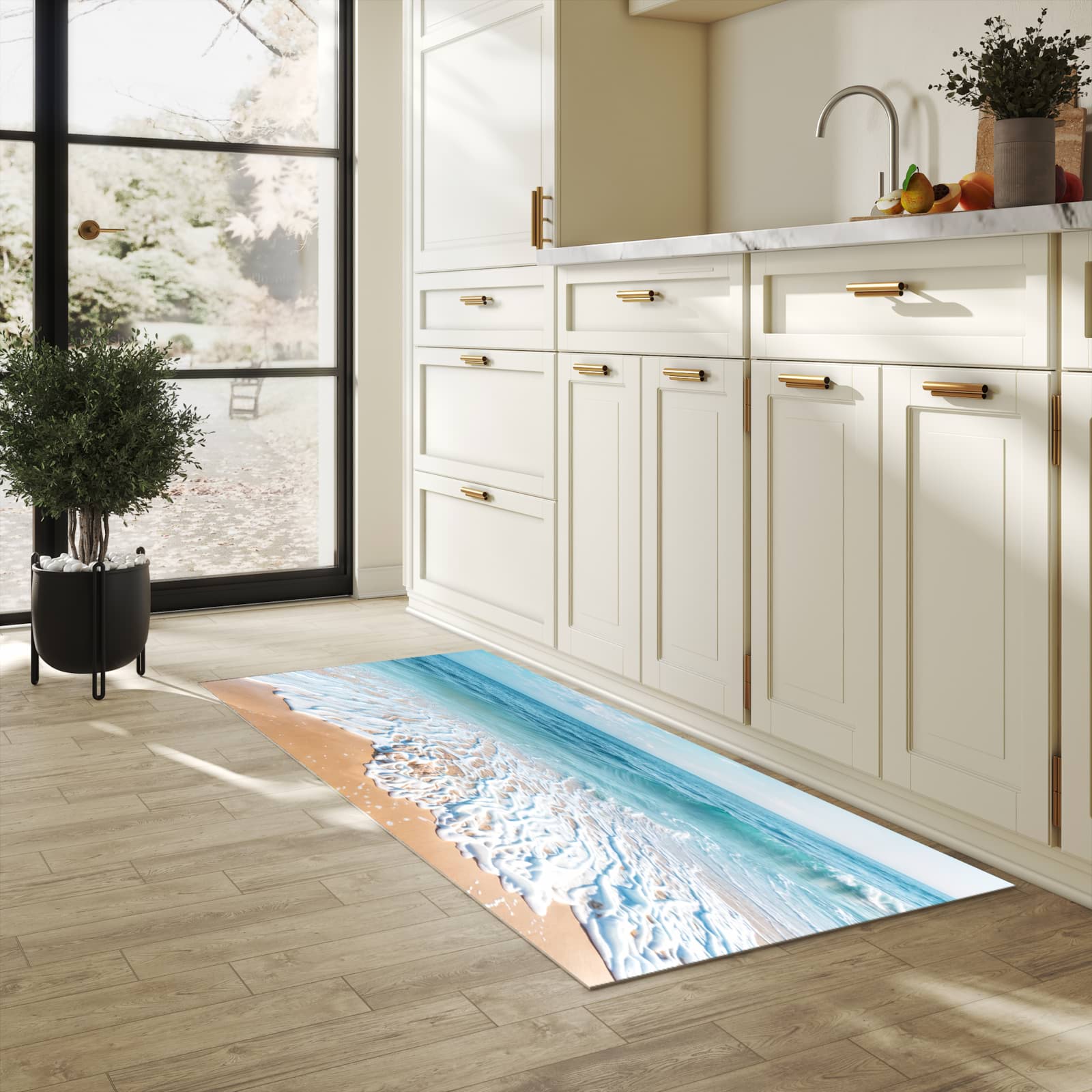 Abriebfester Küchenläufer mit Motiv Tropischer Strand in heller Küche