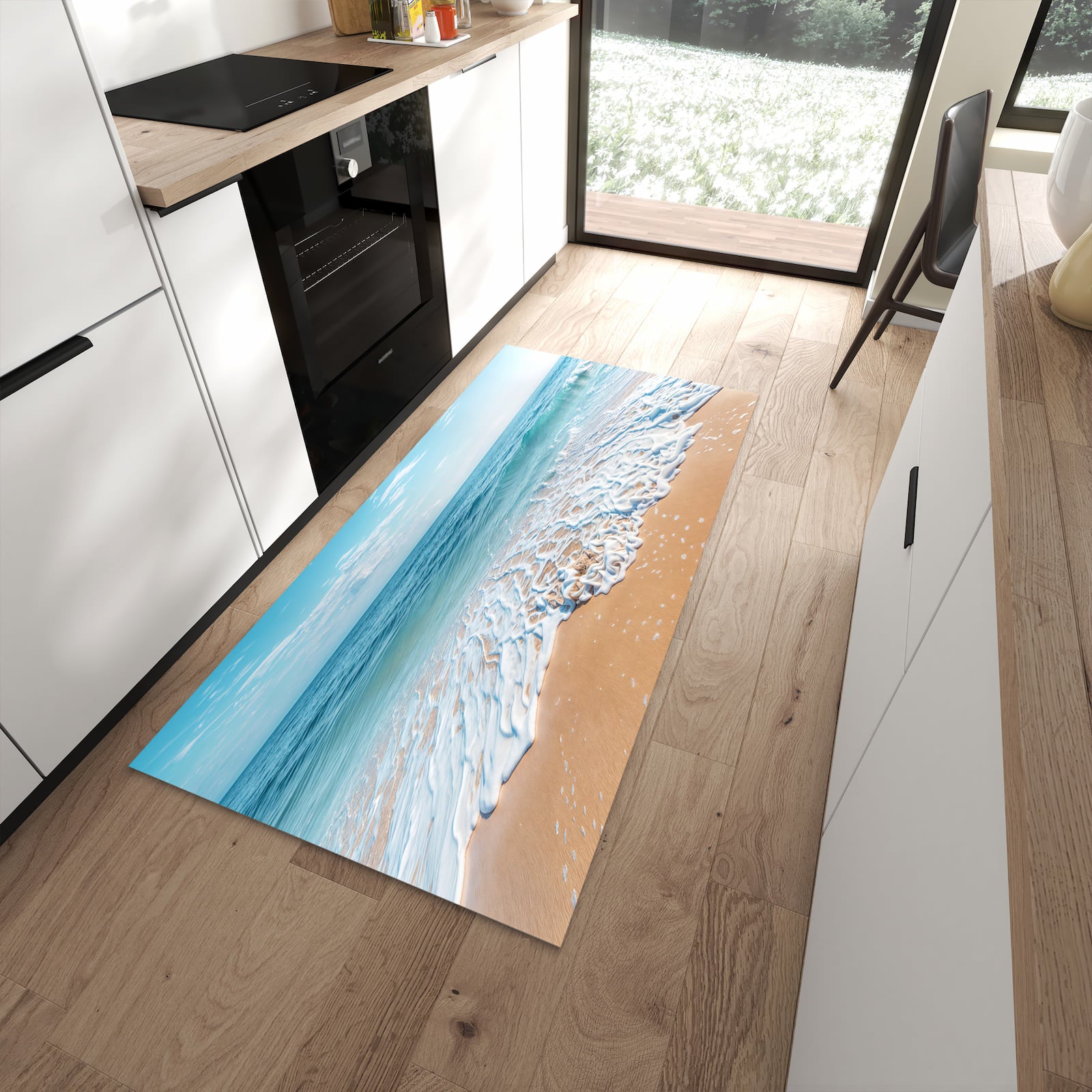 Strapazierfähiger Küchenvorleger mit Motiv Tropischer Strand in moderner Küche